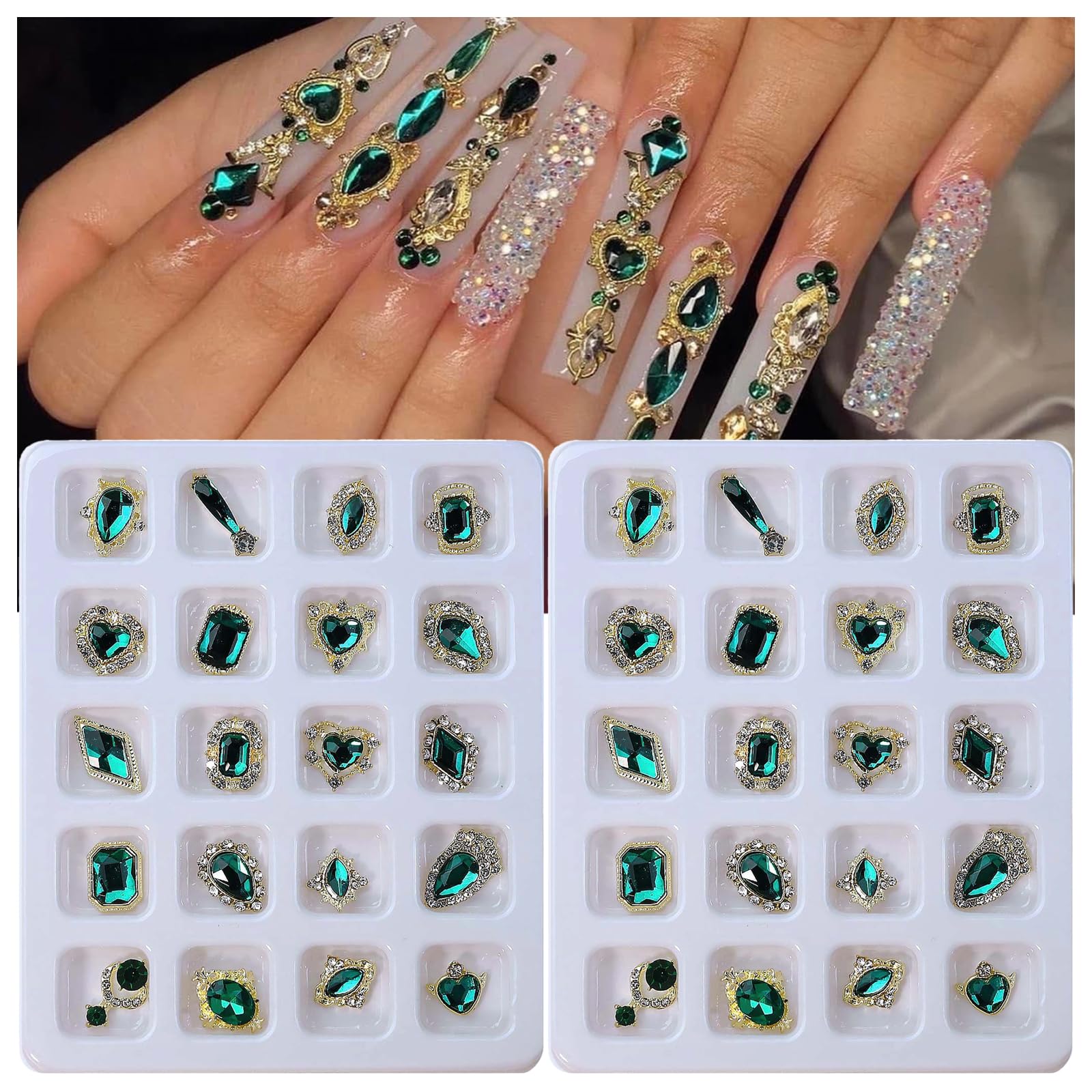 40PCS Emerald Green Luxury Nail Art Rhinestones Kit - Acrylic Nail Charms, Alloy Nail Decorations & Jewels for Manicure, DIY Nail Art Supplies | Perfect for Salon, Home Nail Art & Gift Giving