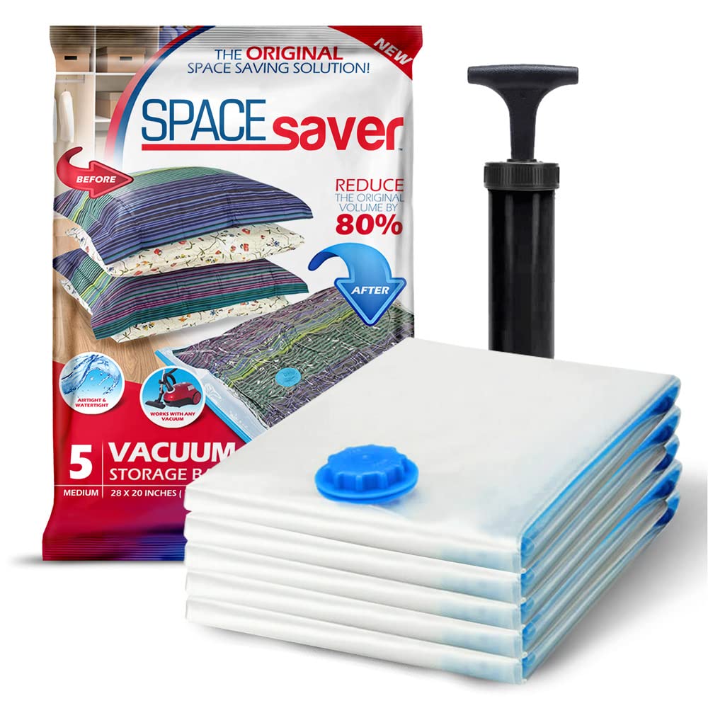 Spacesaver Vacuum Storage Bags (Medium 5 Pack) - Save 80% Clothes Storage Space | Vacuum Sealer Bags for Comforters, Blankets, Bedding & Clothing | Travel Storage Solution with Hand Pump Included | Perfect for Home Organization, Seasonal Storage & Travel Packing
