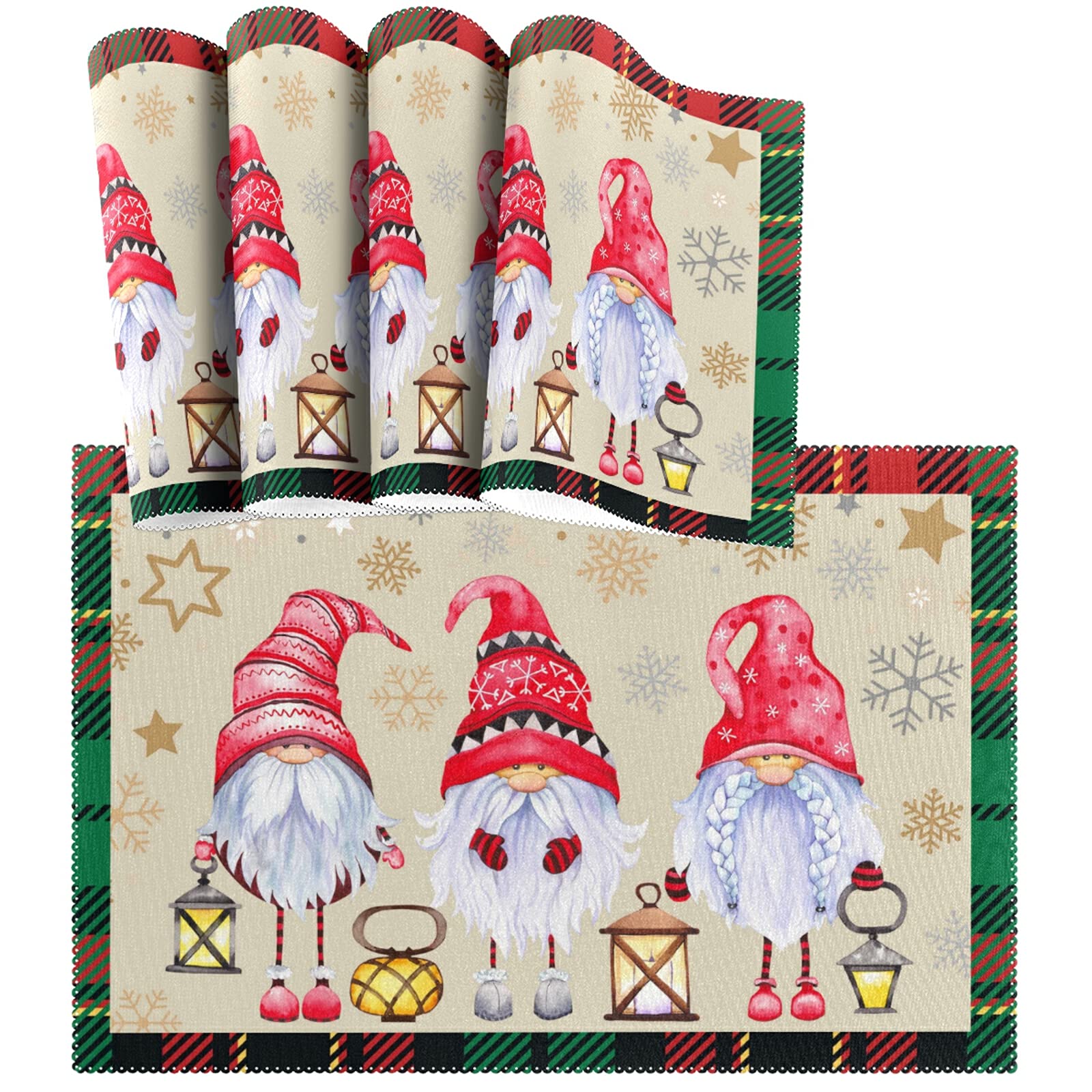 Christmas Gnomes Placemats Set of 4 - Non-Slip Heat-Resistant Washable Holiday Table Mats - 12