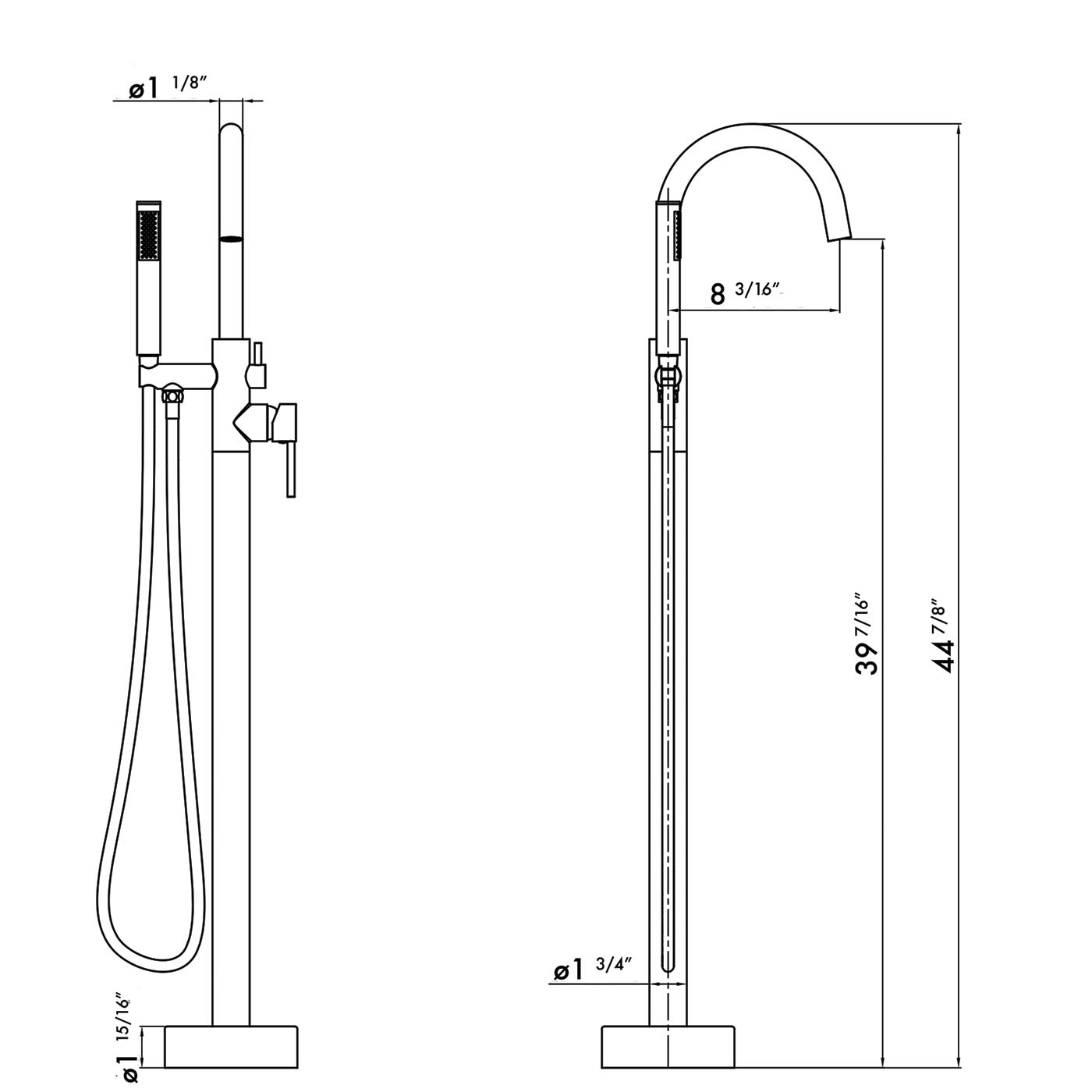 DAX Salerno Freestanding Bathtub Filler - Modern Matte Black Bathroom Faucet with Hand Shower (Model DAX 8285 BG) - Perfect for Luxury Master Bathrooms and Spa Retreats
