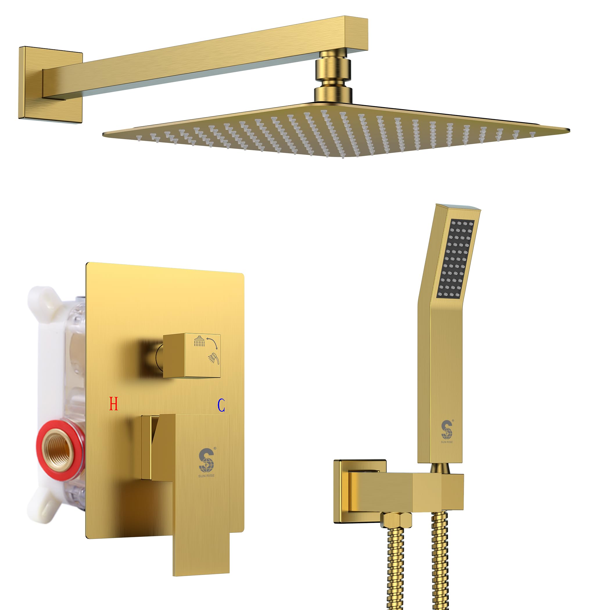 SR SUN RISE Brushed Gold Square Rain Shower Head with Handheld Spray - All Metal Shower Faucet Set with Valve Trim Repair Kit - Perfect for Bathroom Renovation & Luxury Spa Experience
