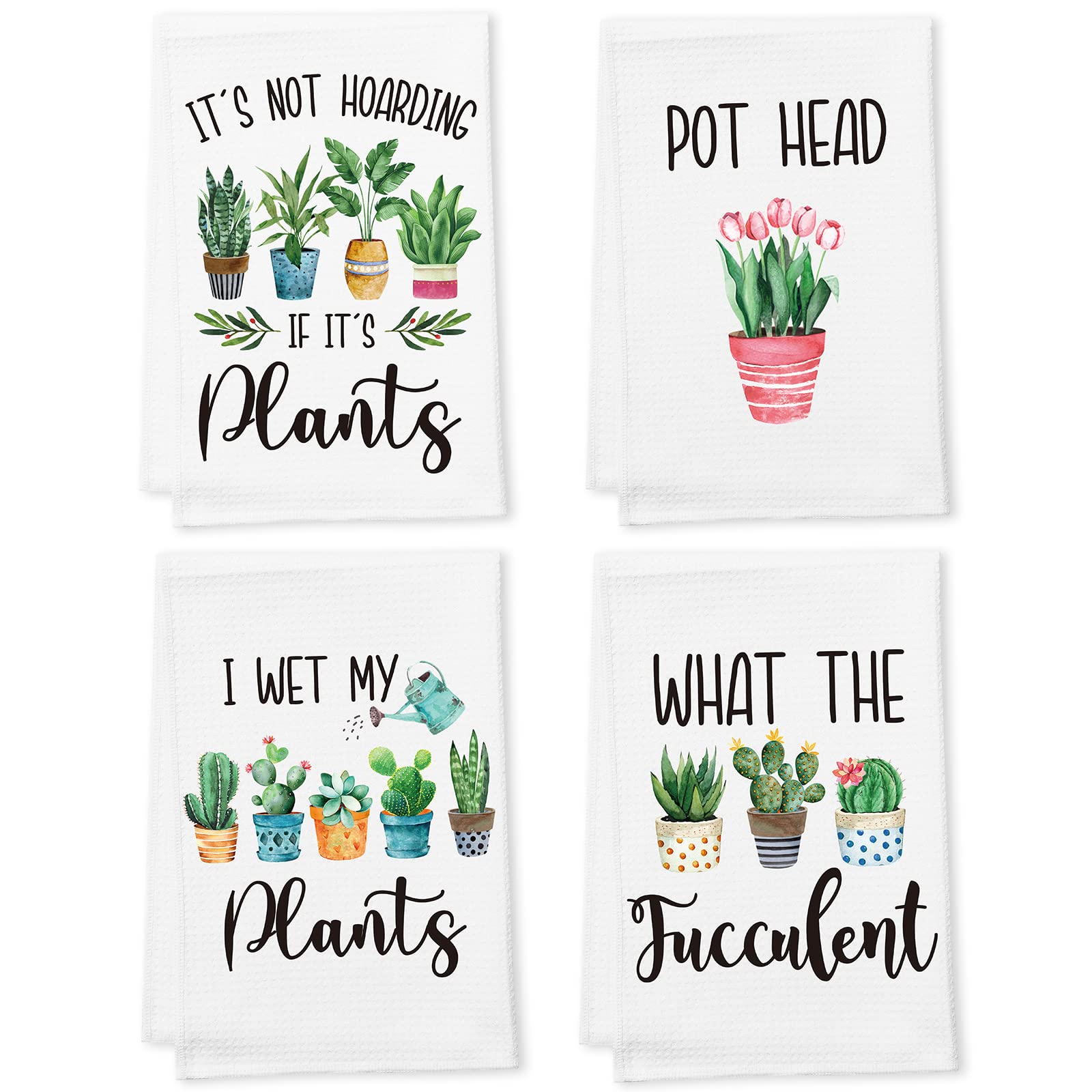 Tatuo 4-Piece Funny Kitchen Towel Set with Plant Sayings - Absorbent Waffle Weave Hand & Tea Towels - Cute Housewarming Gift for Plant Lovers (Perfect for Kitchen Decor, Hostess Gifts & Coffee Bar Accessories)
