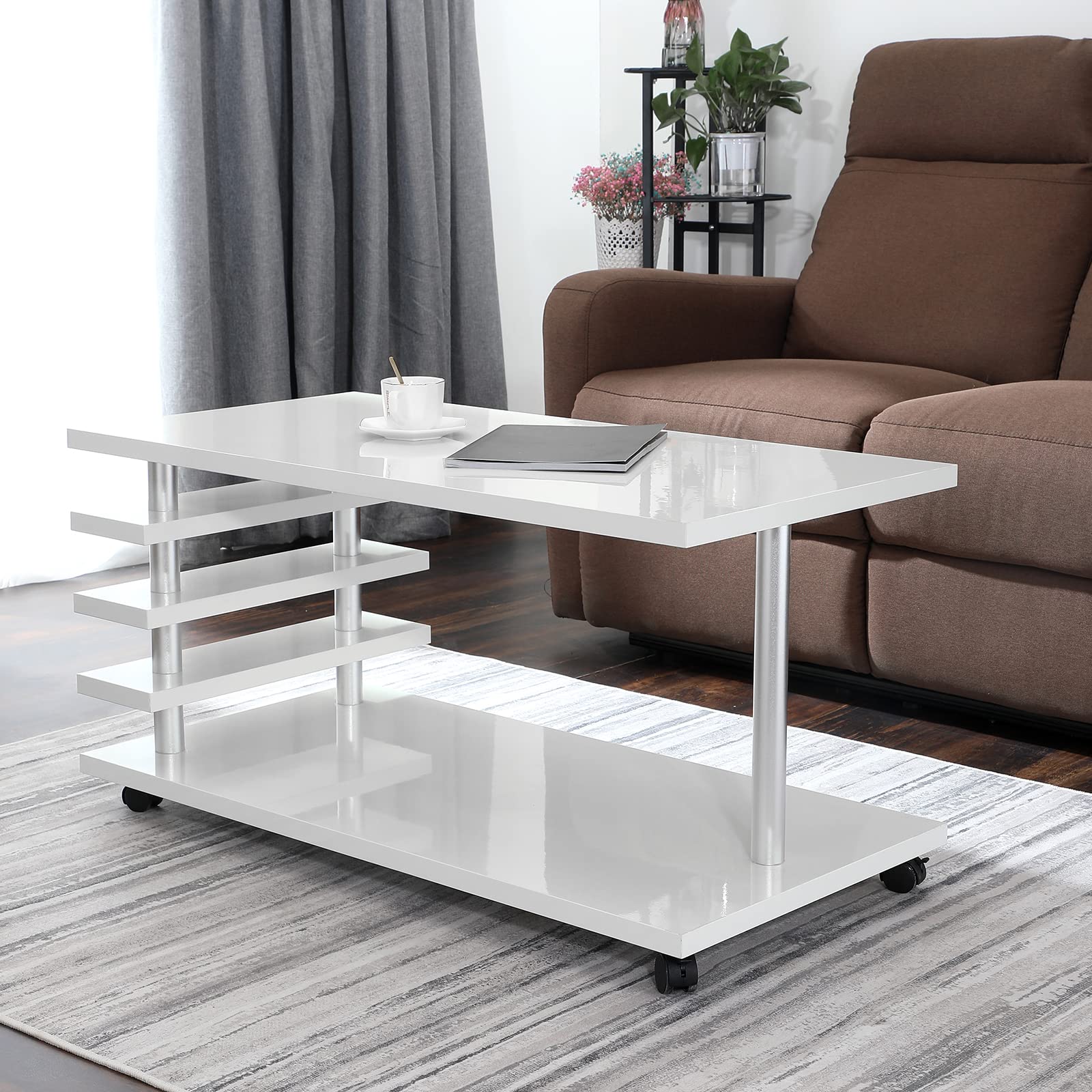 Modern LED Coffee Table with 4 Universal Wheels - High Gloss Mobile End Table for Living Room, Hotel, Bar & Club - 39.4