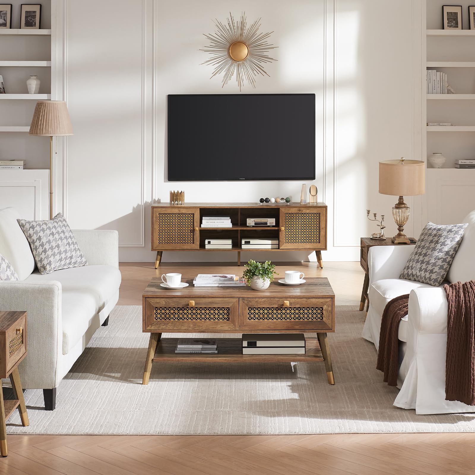 Modern Entertainment Center for 75 Inch TV - Boho TV Stand with Storage Cabinet & Open Shelves - Large Rustic TV Console for Living Room, Bedroom, Office - Perfect for Home Theater Setup & Media Organization