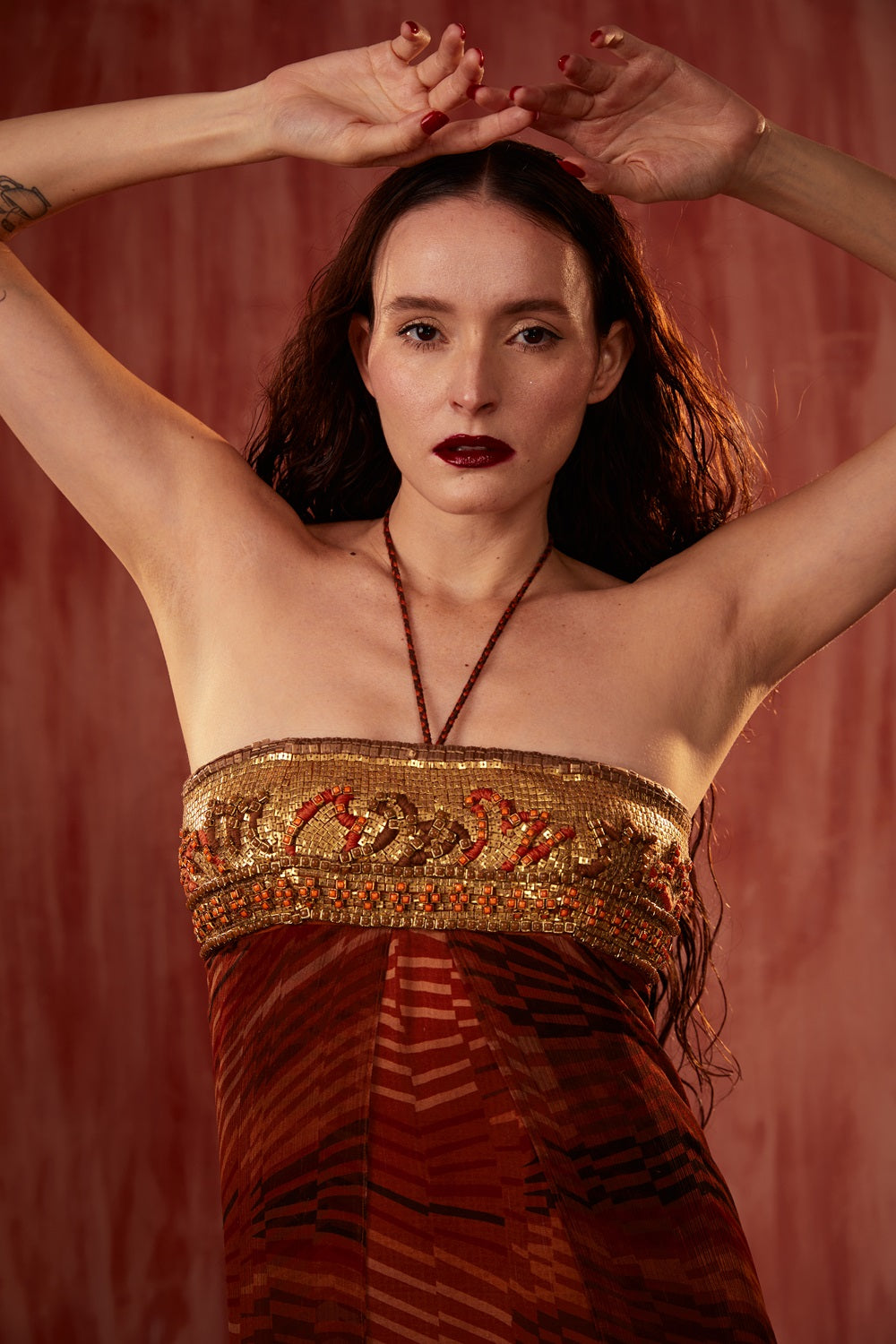 Tangerine Byzantine Halter Maxi Dress with Mosaic Brick Embroidery - Elegant Boho Chic Summer Beach Dress for Women