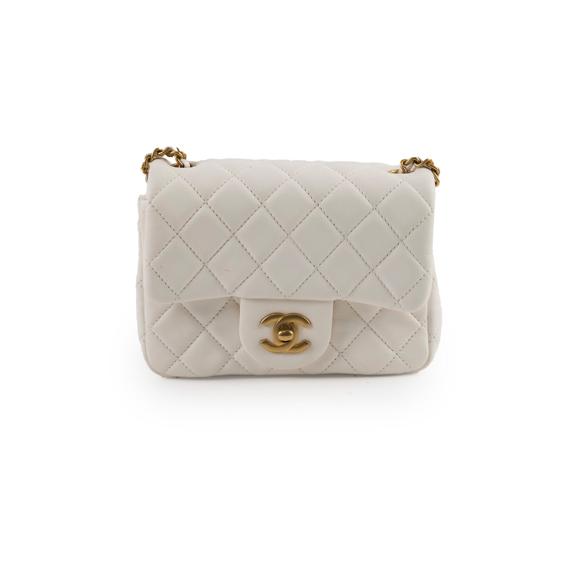 Chanel Mini Square Lambskin Pearl Crush White Bag | Luxury Designer Handbag for Women | Perfect for Evening Parties, Weddings & Special Occasions
