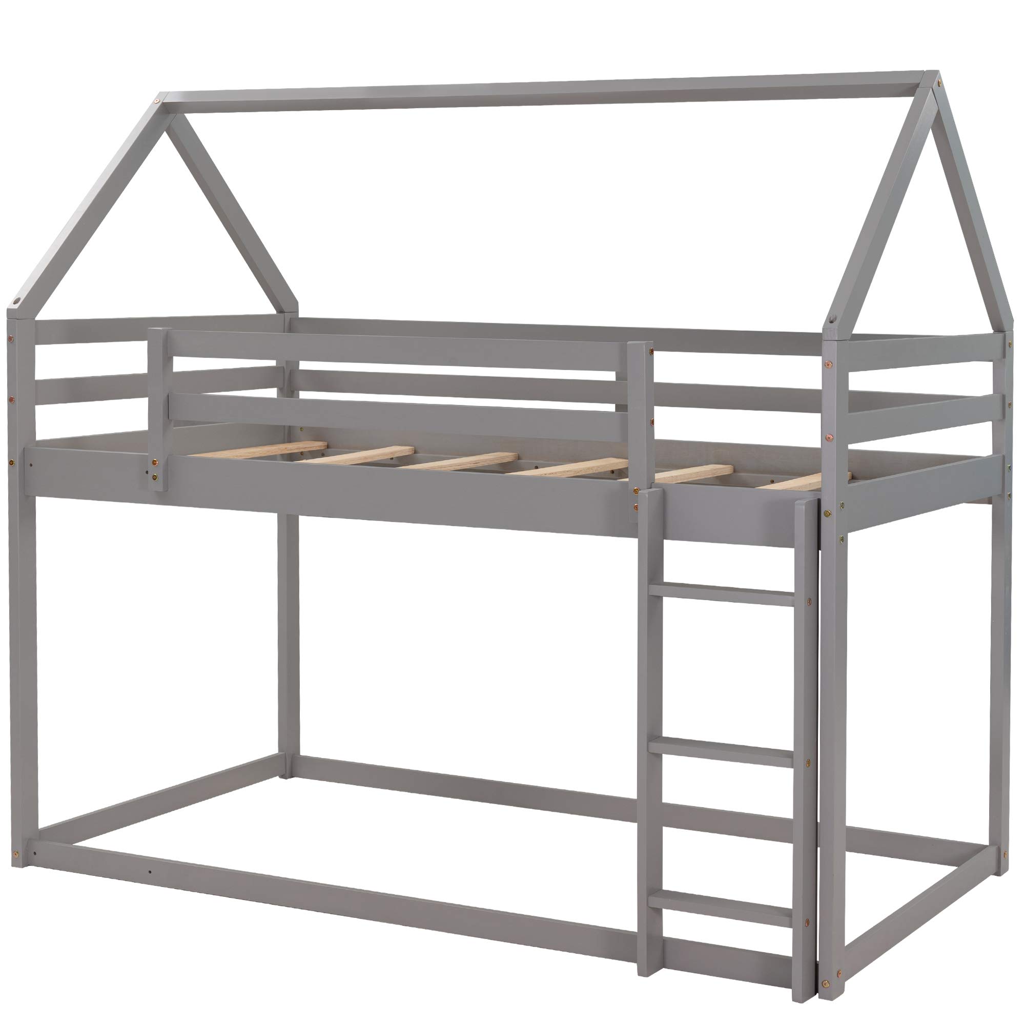 Rhomtree Twin Over Twin Low Bunk Bed with Roof - Wooden House Loft Bed Frame for Kids & Toddlers, No Box Spring Needed, Easy Assembly (Grey) | Perfect for Small Bedrooms, Shared Kids Rooms & Space-Saving Sleep Solutions