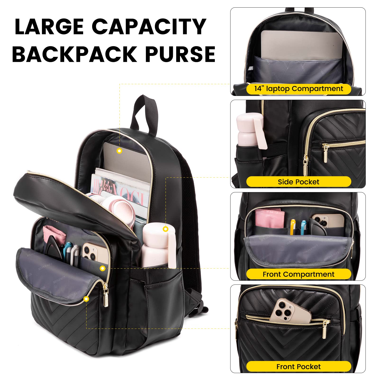 LOVEVOOK Women's Waterproof Mini Backpack Purse - Lightweight Small Backpack Set of 2 (Black) - Perfect for Travel, Work, School & Daily Use