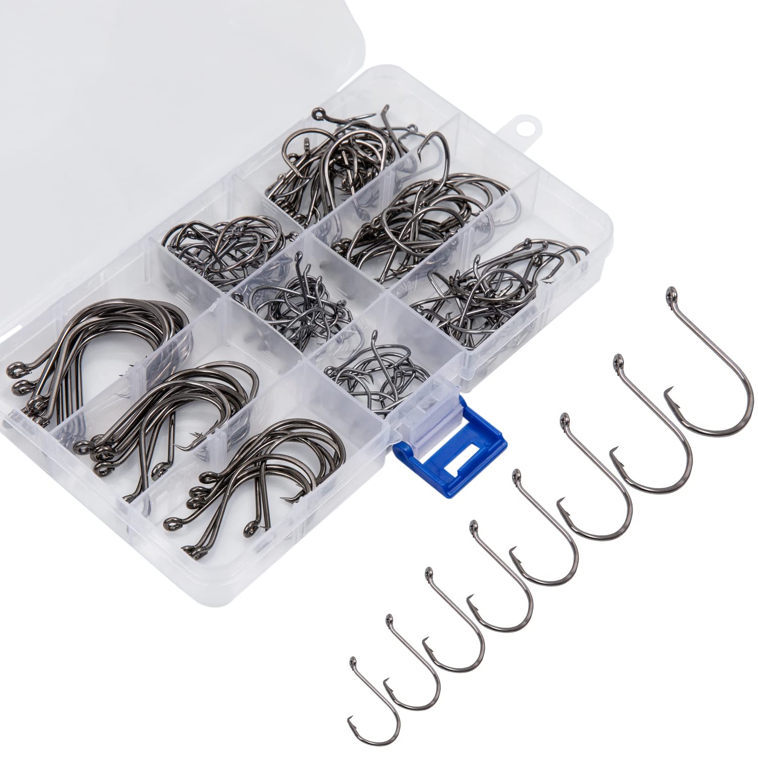 JOYGO FISHAN Fishing Hooks Kit - 50PCS High Carbon Steel Circle & Octopus Hooks for Saltwater Freshwater Fishing - Durable Catfish Bass Trout Hooks with Worm Keeper - Perfect for Deep Sea Shoreline Kayak Fishing
