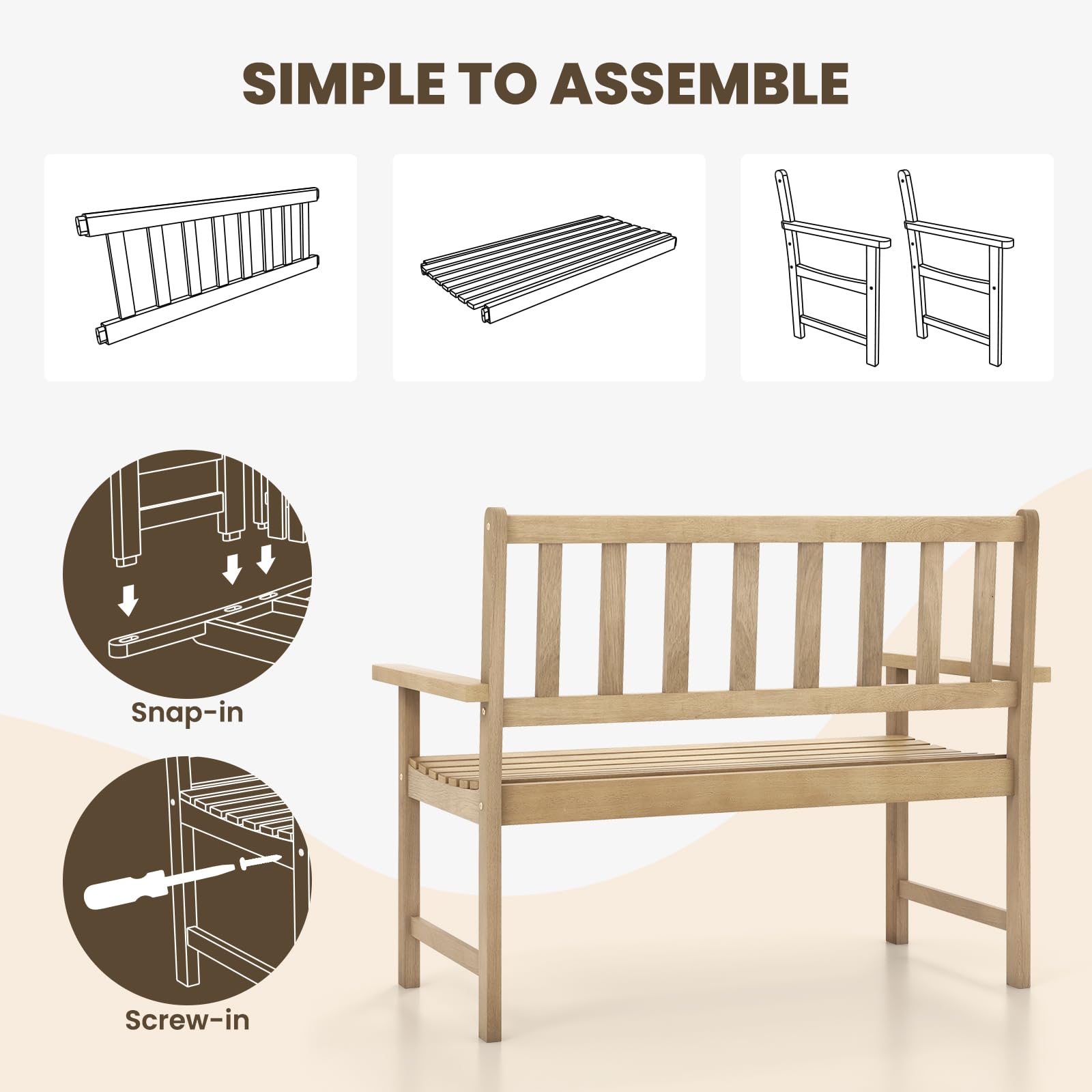 Tangkula Outdoor Teak Wood Garden Bench - 2-Person Patio Bench with Backrest & Armrests, Sturdy Slatted Seat for Porch, Lawn, Balcony & Backyard (Natural Finish) - Perfect for Relaxing, Reading & Outdoor Entertaining