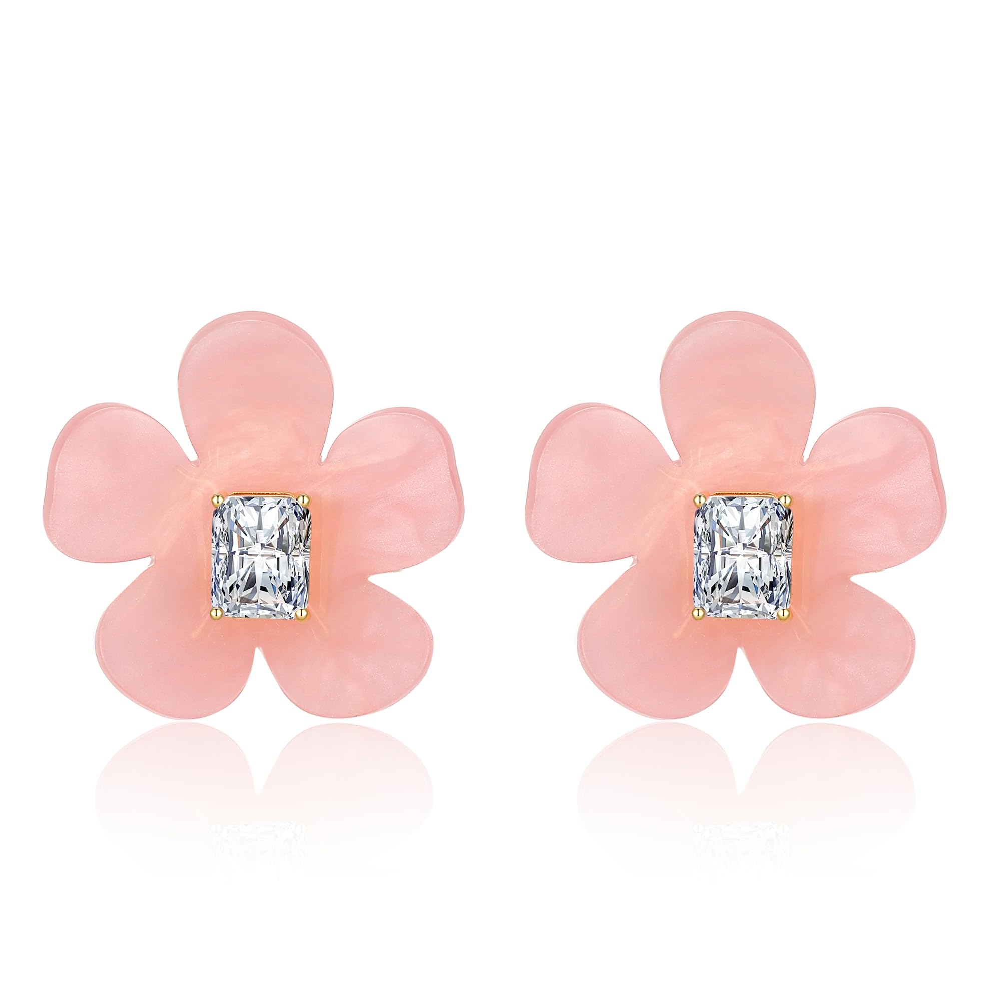 Hot Pink Gold Plated Heart Flower Earrings for Women - Large CZ Zirconia Dangle Stud Earrings - Trendy Valentine's Day Gift for Her - Perfect for Date Night & Special Occasions