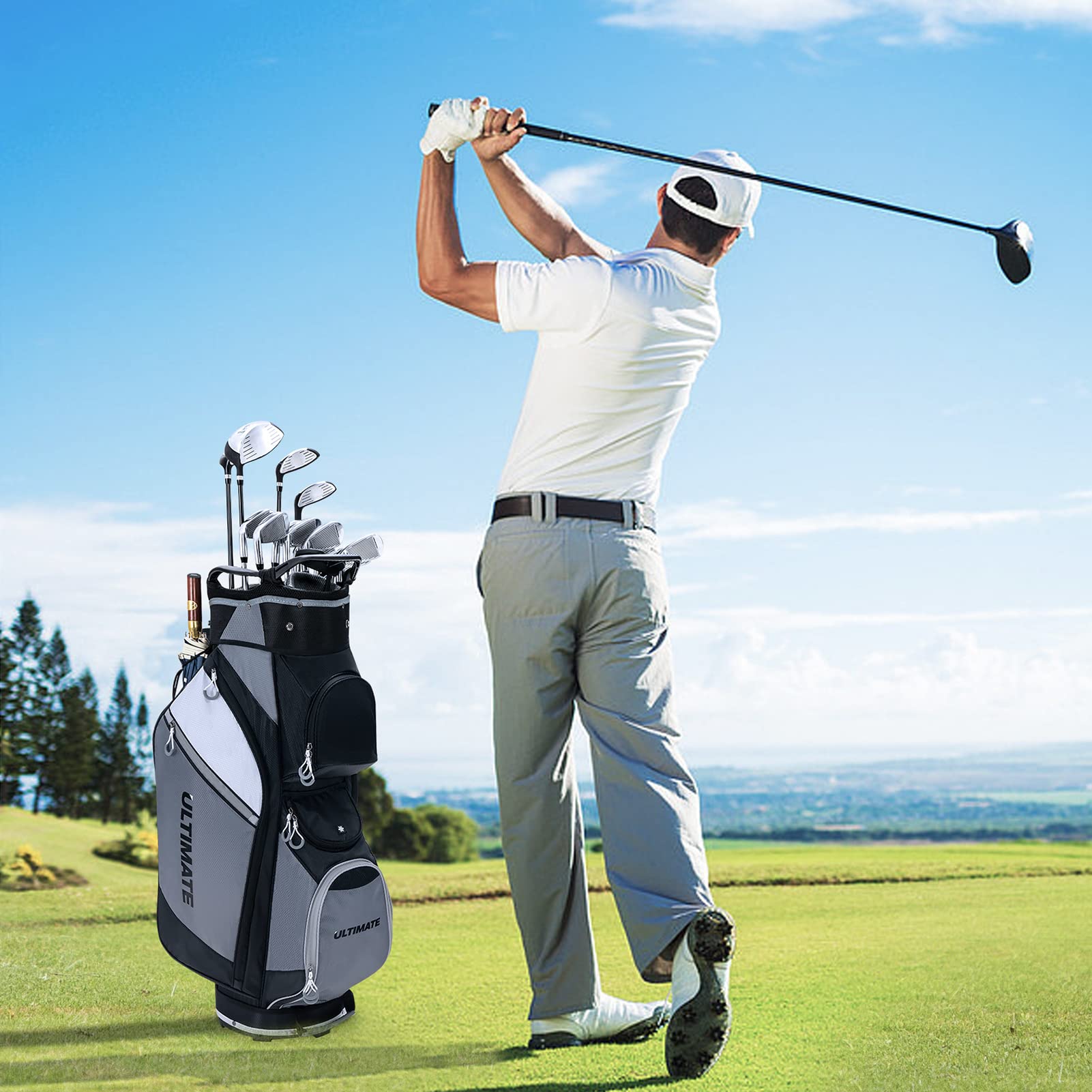 GYMAX 14-Way Golf Cart Bag with Rain Hood - Lightweight Stand Golf Bag for Men, Shoulder Strap & Carry Handle, Cooler Pocket & Rangefinder Compartment | Perfect for Golf Course, Driving Range & Outdoor Sports