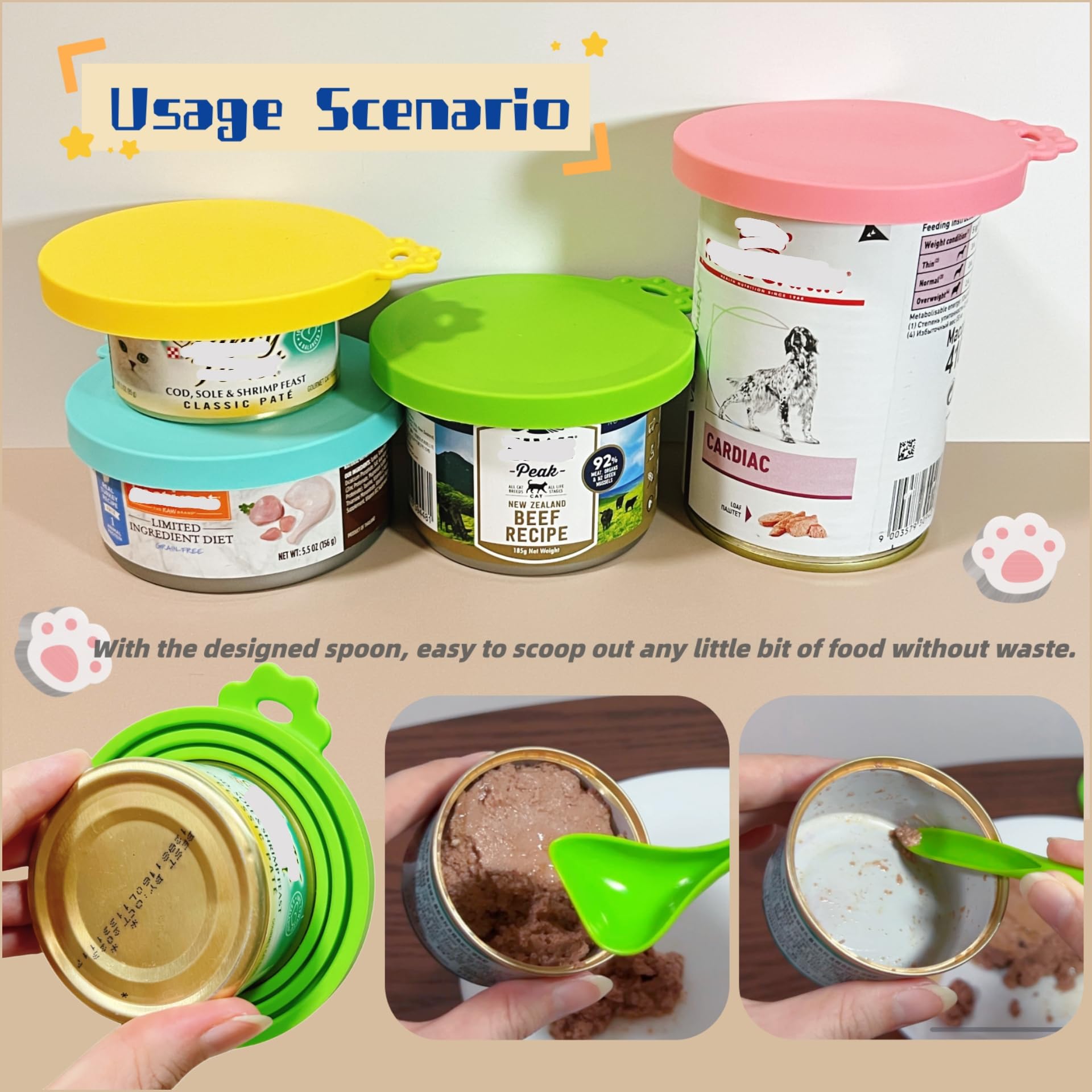 MoPawKT Silicone Dog Food Can Covers - 3 Sizes (2.6”/3”/3.4”) for 3-15oz Pet Food Cans - BPA Free Reusable Lids with Spoon - Perfect for Fresh Storage of Wet Cat & Dog Food at Home or Travel