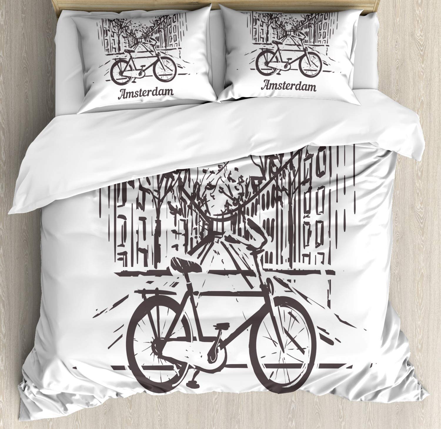 Ambesonne Amsterdam Duvet Cover Set - King Size 3-Piece Bedding with Bicycle Street Scene Design, Dark Grey & White - Perfect for Modern Bedrooms, Guest Rooms & Airbnb Stays