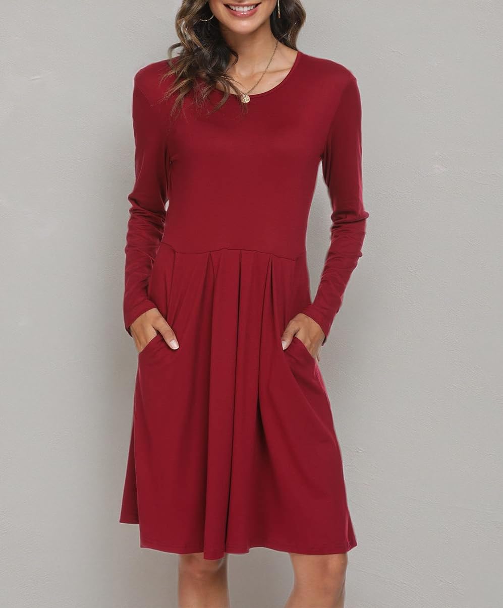 DouBCQ Women's Casual Long Sleeve Flowy Pleated Fall Dresses with Pockets | Elegant Office Wear & Autumn Date Outfit