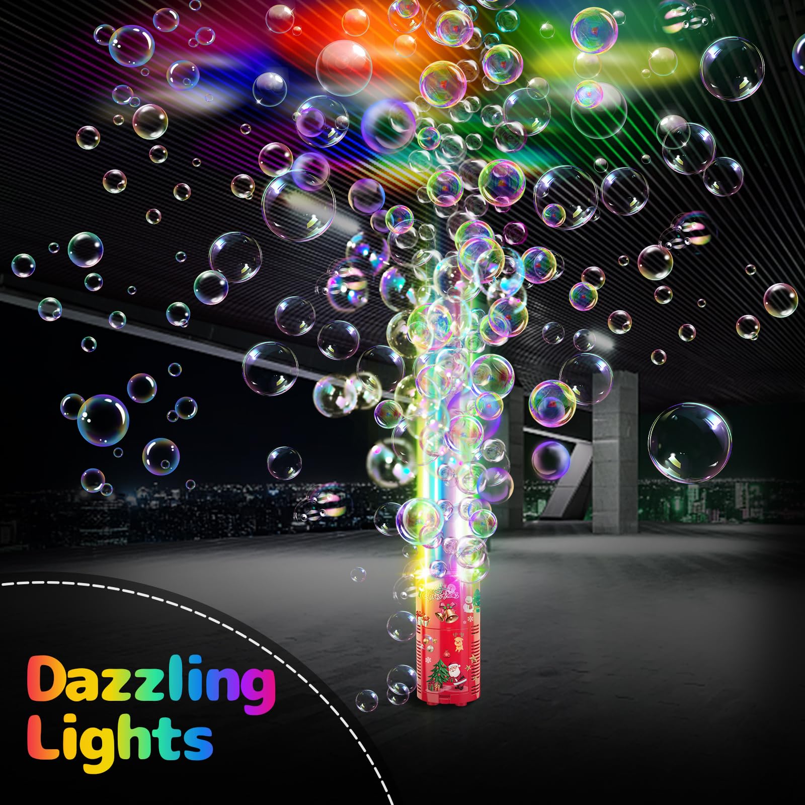 Fireworks Bubble Machine with LED Lights - 13 Nozzle Kids Party Bubble Blower with Adjustable Sound, Perfect for Birthday Parties, Christmas Celebrations & Chinese New Year Festivities