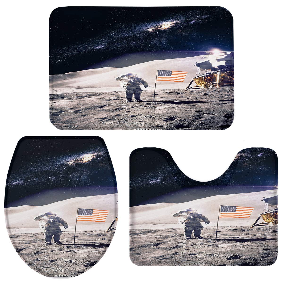 NASA Moon Landing Print 3-Piece Bathroom Rug Set - Non-Slip Toilet Seat Cover, Contour Rug & Pedestal Mat - Space Theme Bath Mats for American Home Decor | Perfect for Kids' Bathrooms, Space Enthusiasts & Sci-Fi Themed Decor