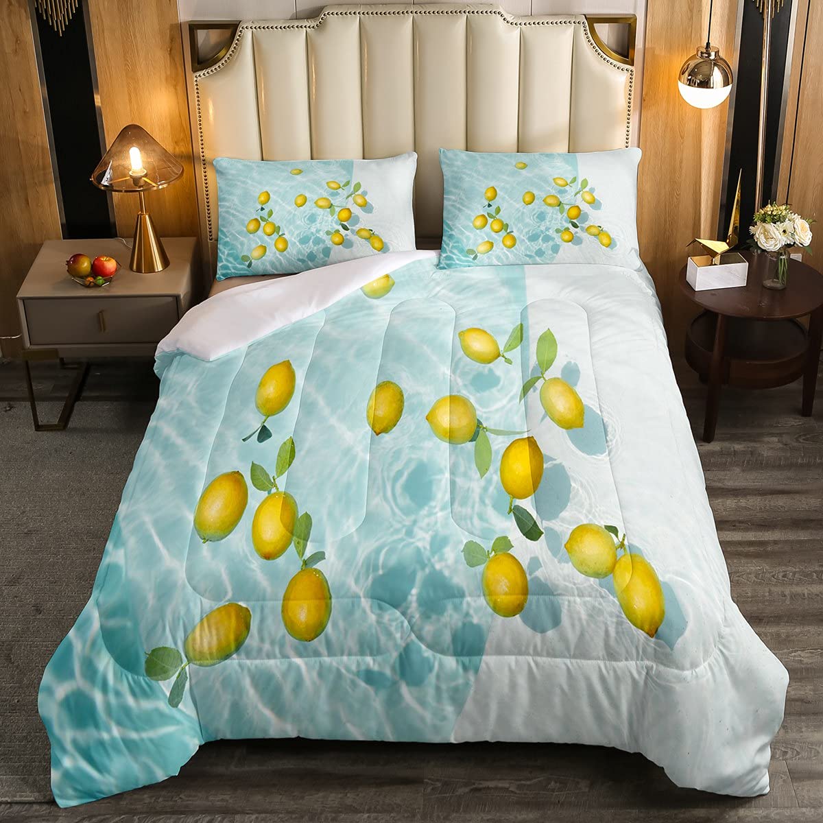 Erosebridal Lemon Hawaiian Duvet Cover Set - Full Size Tropical Fruit Bedding for Kids, Boys & Teens - Ocean Beach Themed Comforter with Sea Wave Design - Coastal Nature Quilt in Green & Yellow - Perfect for Beach House, Summer Decor & Teen Bedroom