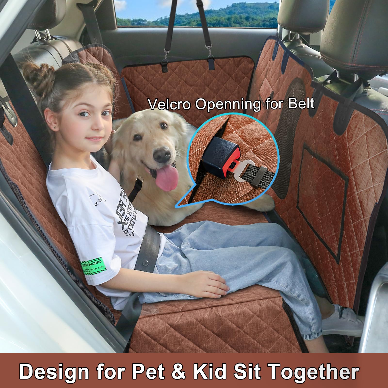 Waterproof Car Dog Hammock Back Seat Cover with Mesh Window, Nonslip Rubber Back, Washable Luxury Material, Big Storage Pocket for SUV/Sedan - Perfect for Travel & Daily Commute