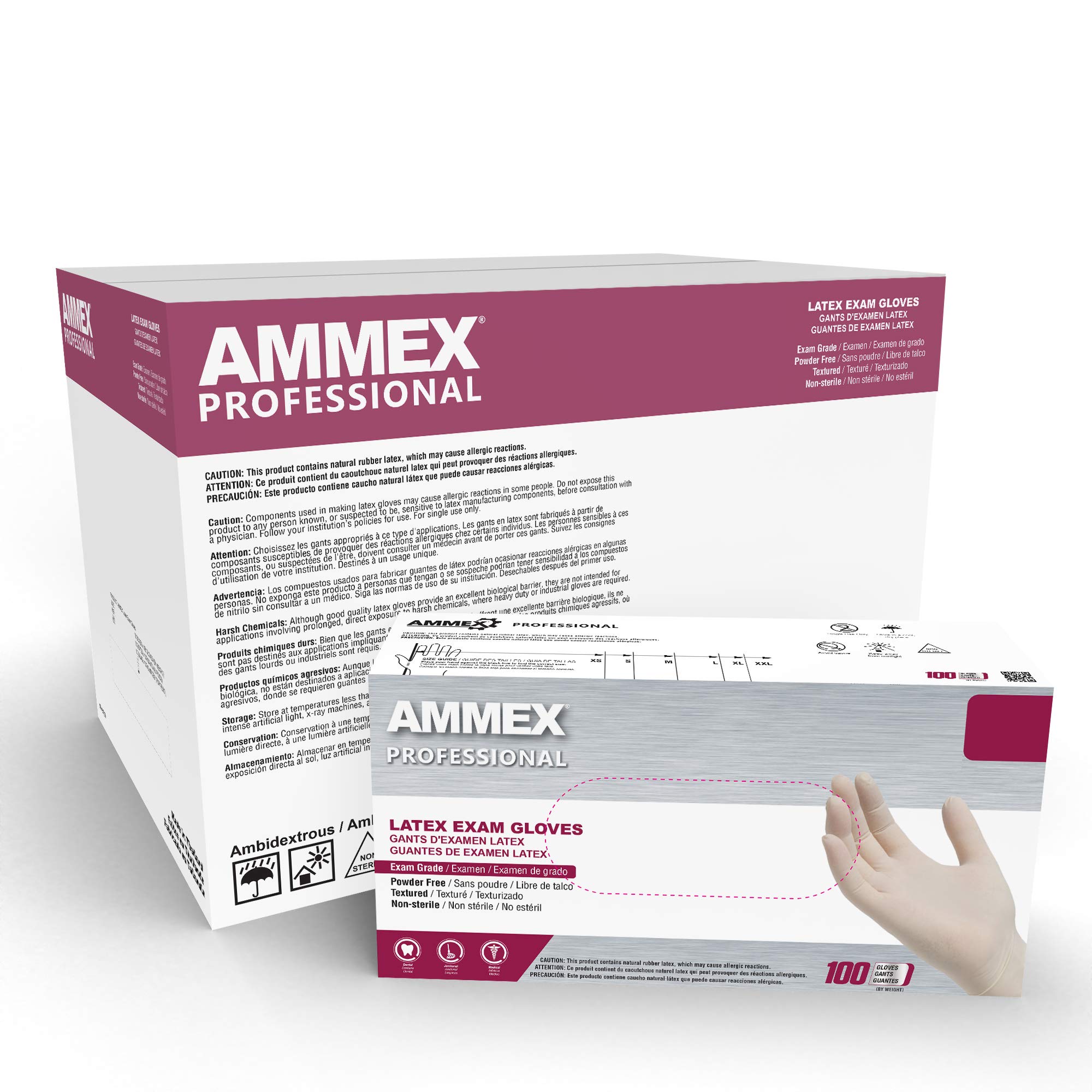 AMMEX White Latex Disposable Exam Gloves - 4 Mil Thick, Powder-Free, Food Safe, Textured Grip - Perfect for Medical, Dental, Food Handling & Home Cleaning