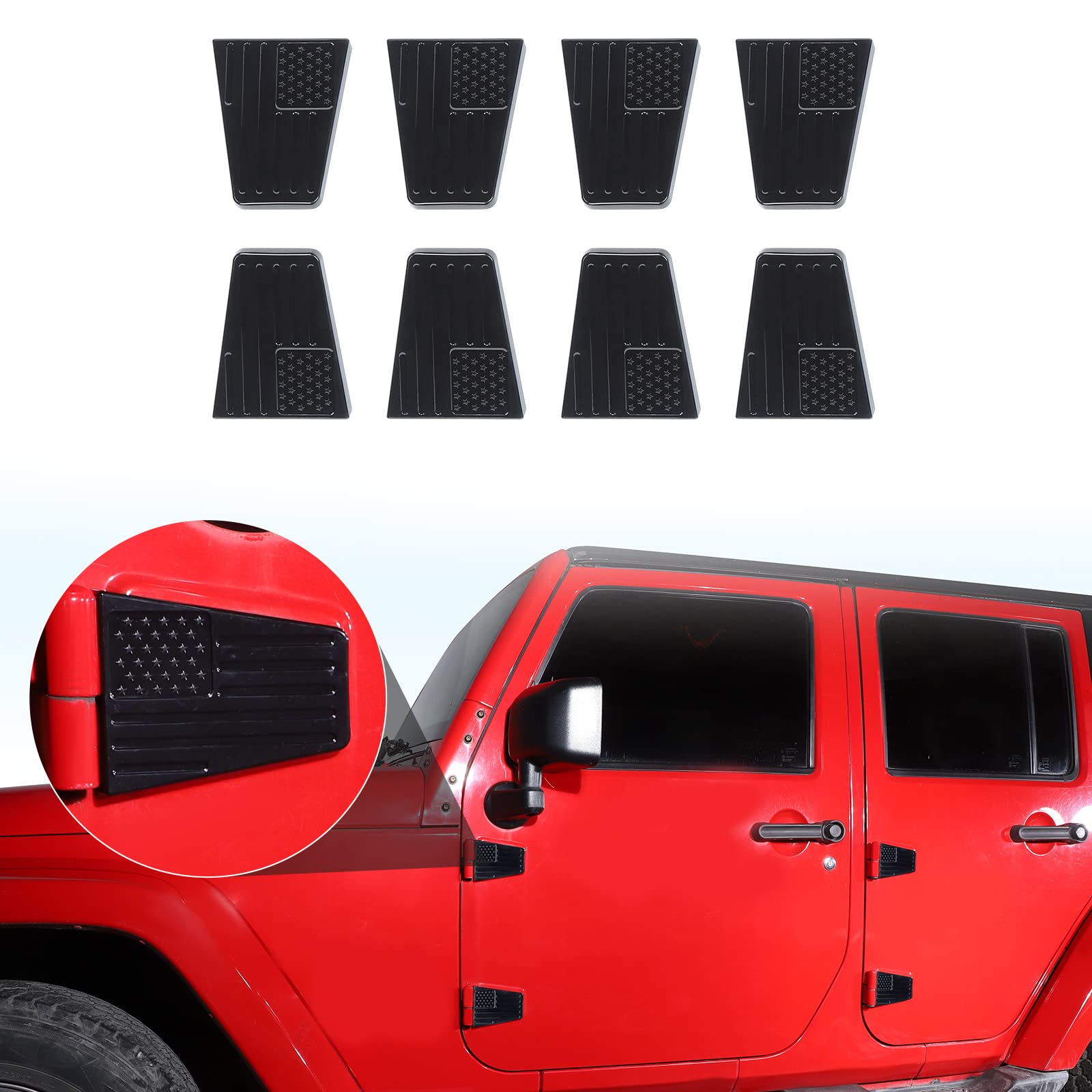 USA Flag Jeep Wrangler JK Door Hinge Cover Trim (2007-2017) - 8pcs Exterior Accessories for Patriotic Style & Off-Road Protection - Perfect for Jeep Enthusiasts & 4x4 Adventures