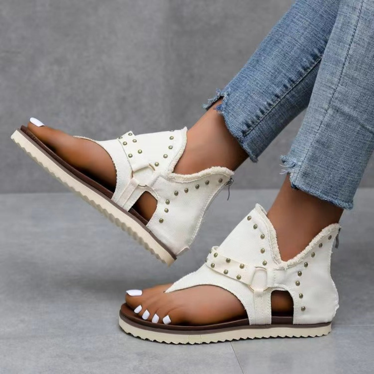 Trendy Studded Raw Hem Flat Sandals for Women - Comfortable Summer Beach Walking Shoes for Casual Outfits & Vacation