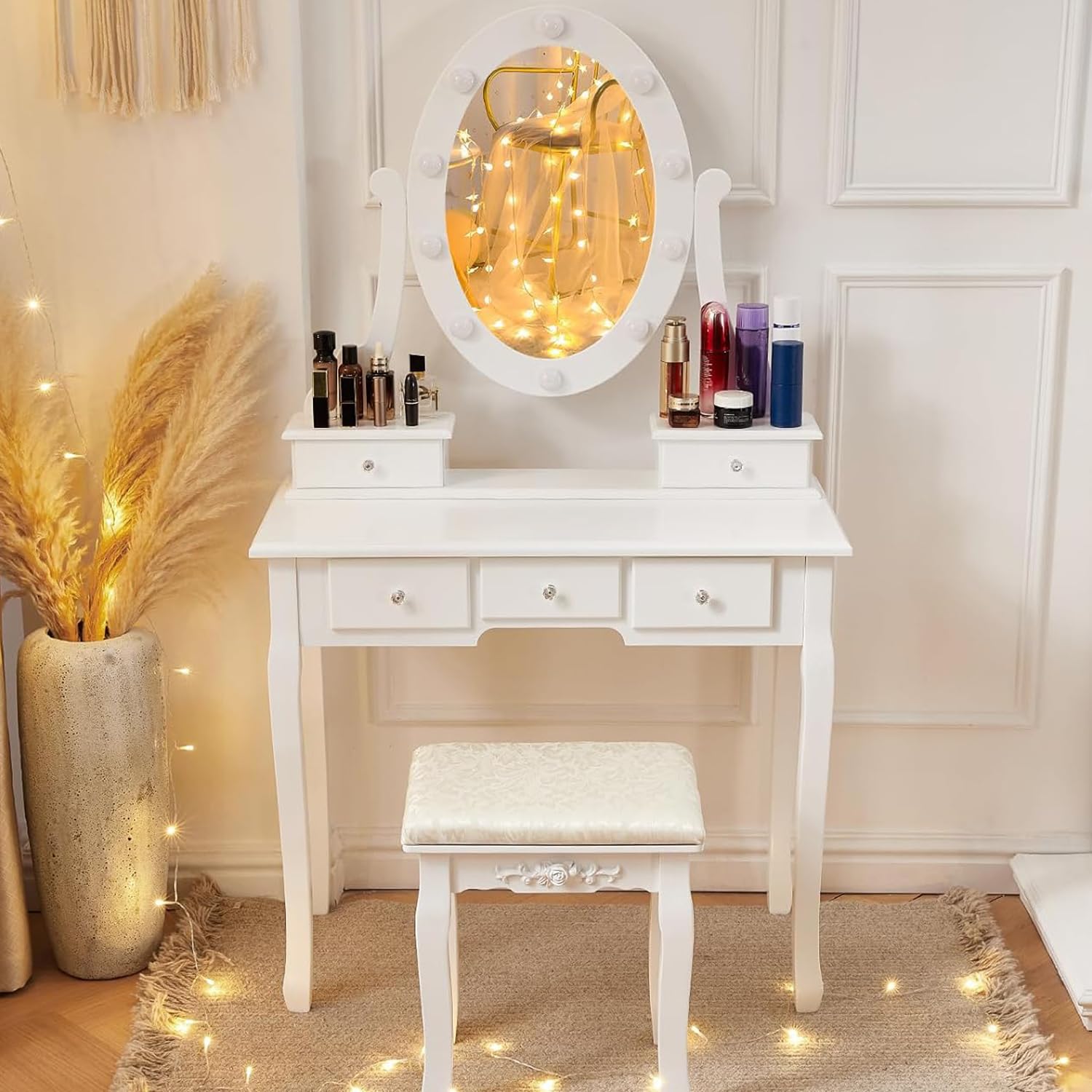 Vintage Vanity Desk with Lights & Mirror - 5 Drawers Makeup Vanity Set with Chair, White Dressing Table for Women | Perfect for Bedroom, Salon & Home Decor