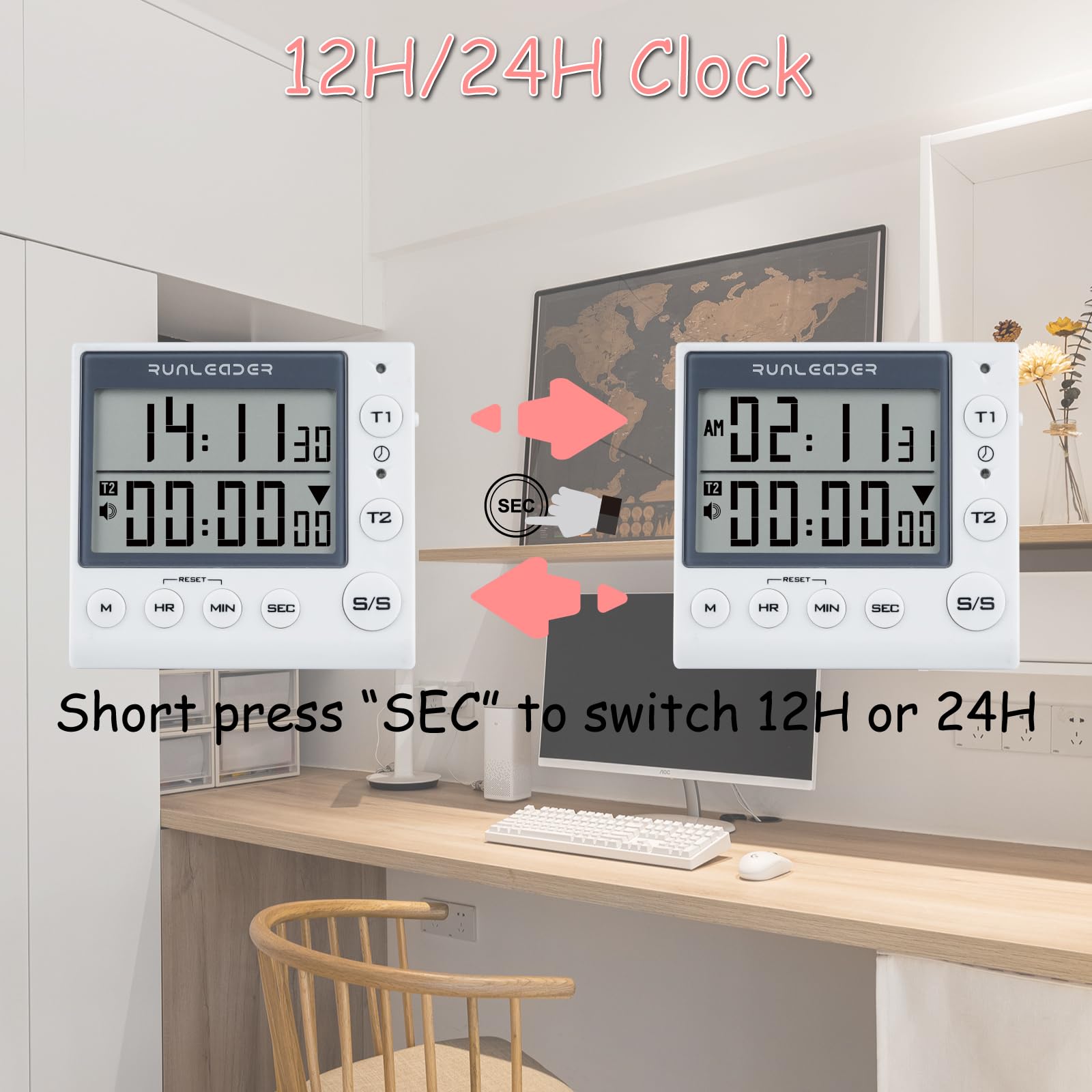 2-Channel Digital Countdown & Countup Timer with 12H/24H Clock Display - White | Perfect for Kitchen Cooking, Classroom Labs, and Fitness Workouts