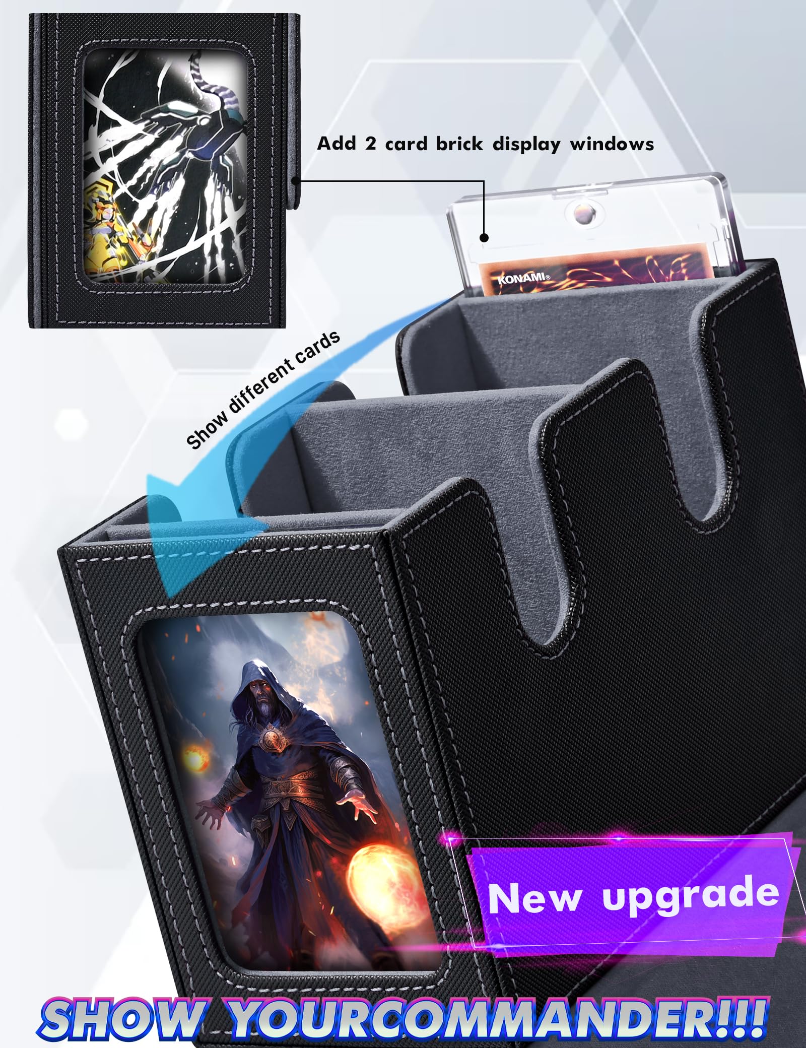 Premium MTG Deck Box with 2 Commander Displays - Holds 280+ Single Sleeved Cards | Leather Magnetic Storage for TCG/CCG Magic Cards (Black) | Perfect for Tournaments, Game Nights & Card Collection Protection
