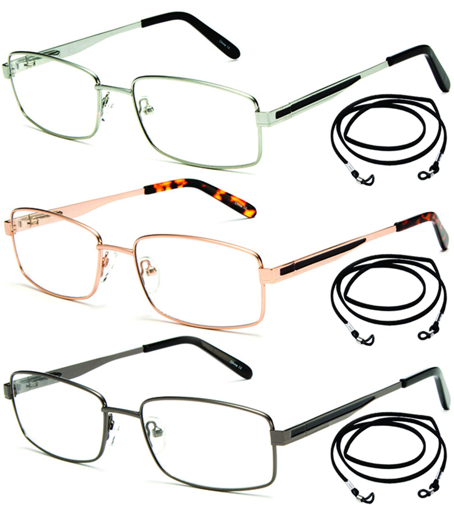 Premium Metal Reading Glasses with Spring Hinge - High Optical Quality Classic Rectangle Frame for Men & Women - Includes Lanyard (1.50 Magnification) - Perfect for Office, Reading & Computer Work