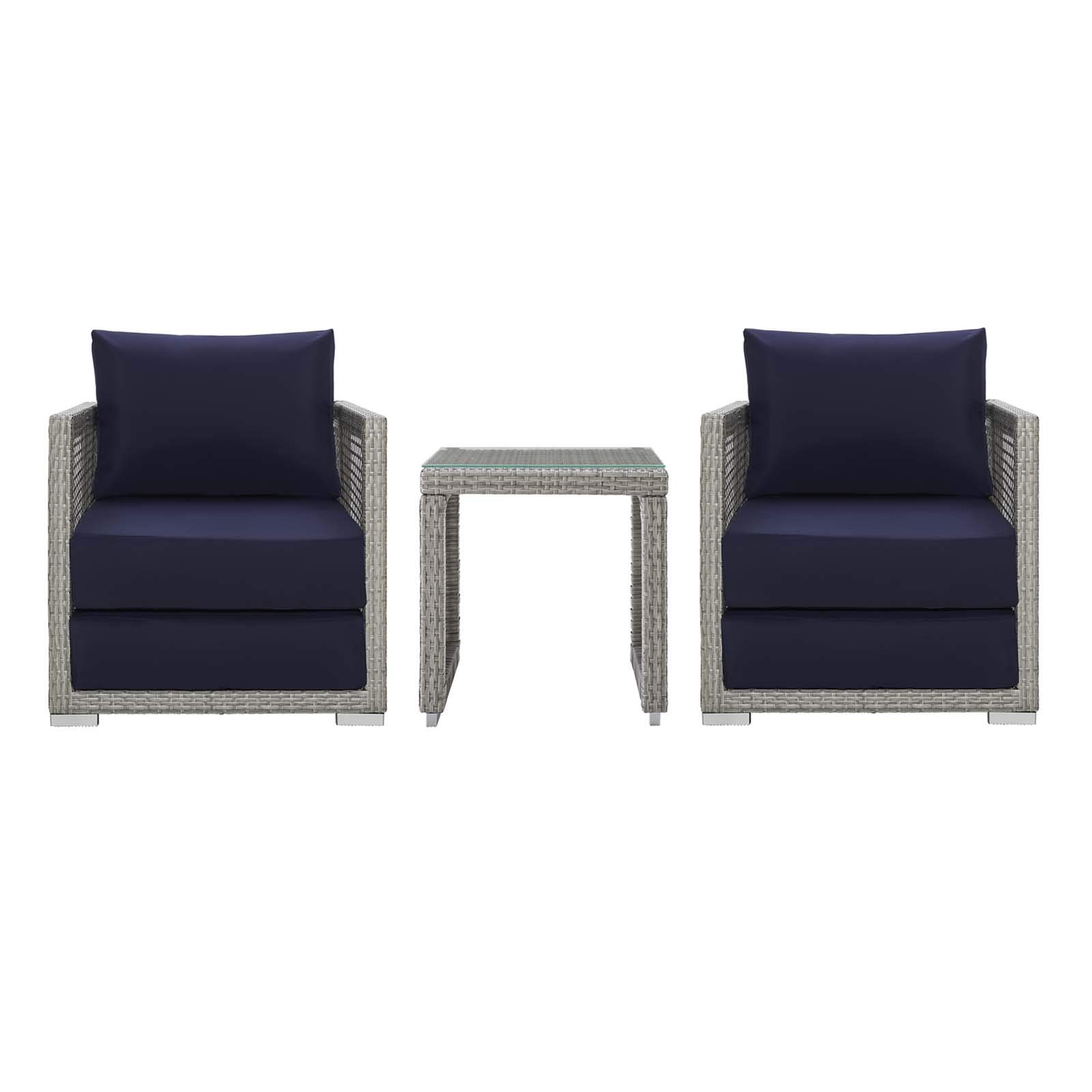Modern Outdoor Patio Sofa Set with Chair & Coffee Table - Durable Rattan Wicker Fabric in Grey, Gray & Navy Blue - Perfect for Garden, Balcony, and Poolside Relaxation
