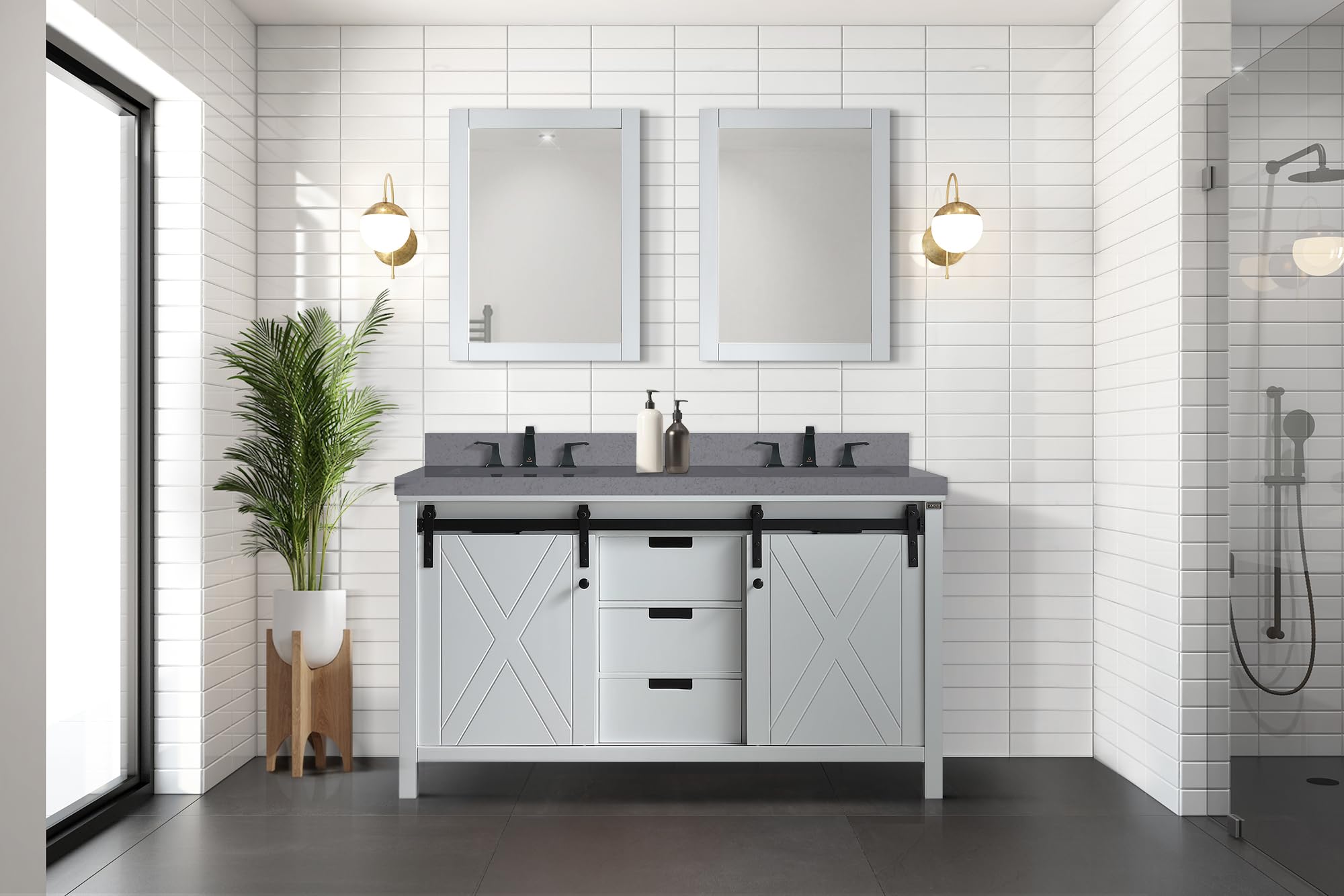 Ketchum 60-Inch White Double Bathroom Vanity with Grey Quartz Countertop & 24-Inch Mirrors - Modern Bathroom Furniture for Master Bath or Guest Bath Renovation