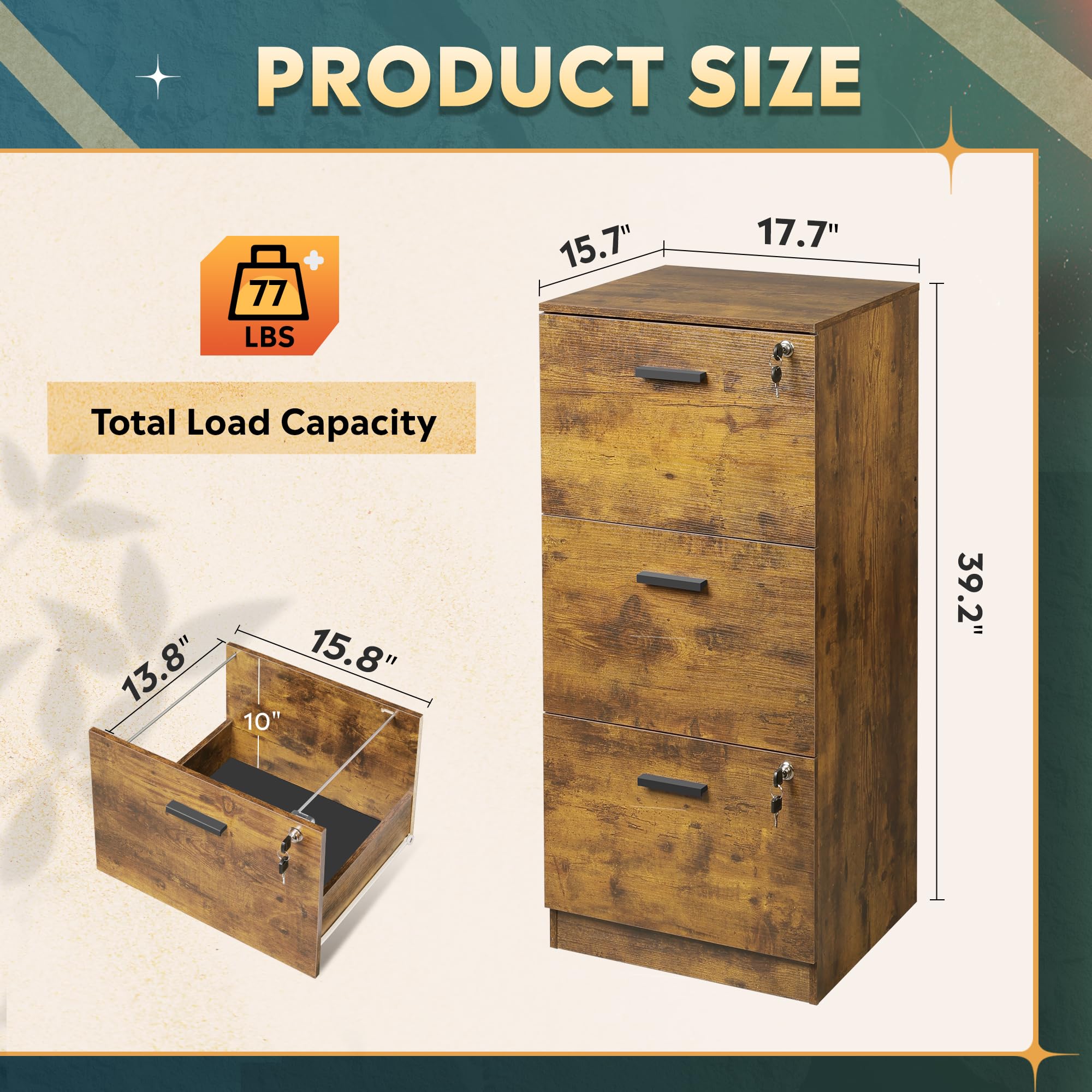 DEVAISE 3-Drawer Locking File Cabinet - Vertical Wooden Office Storage Organizer for Letter & A4 Documents - Rustic Brown Home Office Furniture - Perfect for Home Offices, Study Rooms & Workspaces