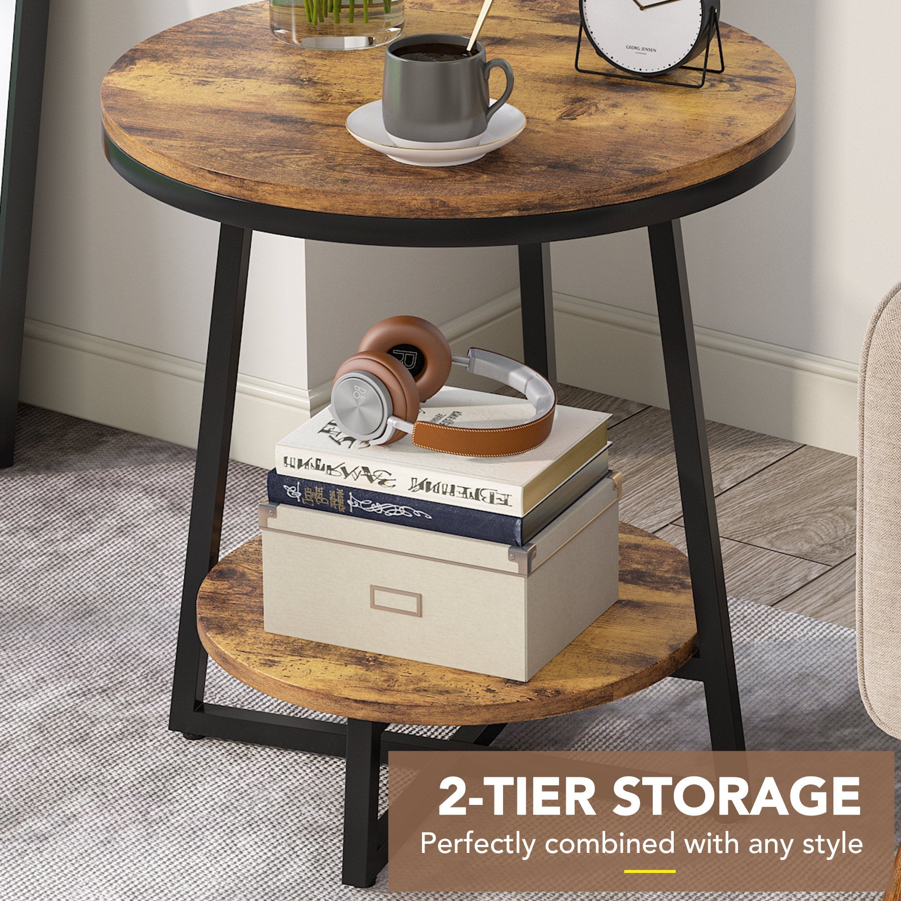 2 Tier End Table with Storage Shelf - Round Accent Bedside Nightstand for Living Room, Bedroom - Modern Side Table for Small Spaces & Home Decor