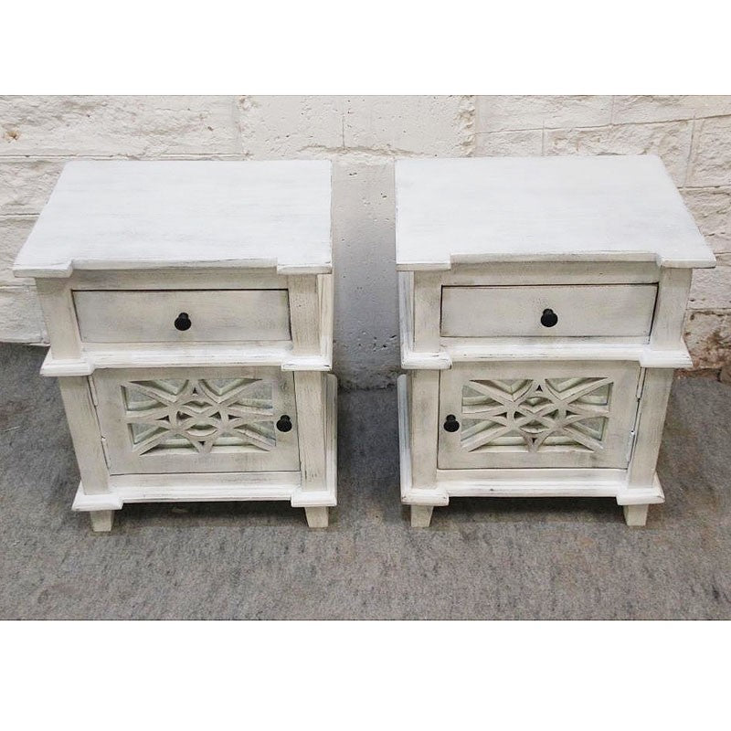 Whitewashed French Arched Glass Door Bedside Tables (Pair) - Elegant Nightstands for Bedroom, Living Room, or Office Decor