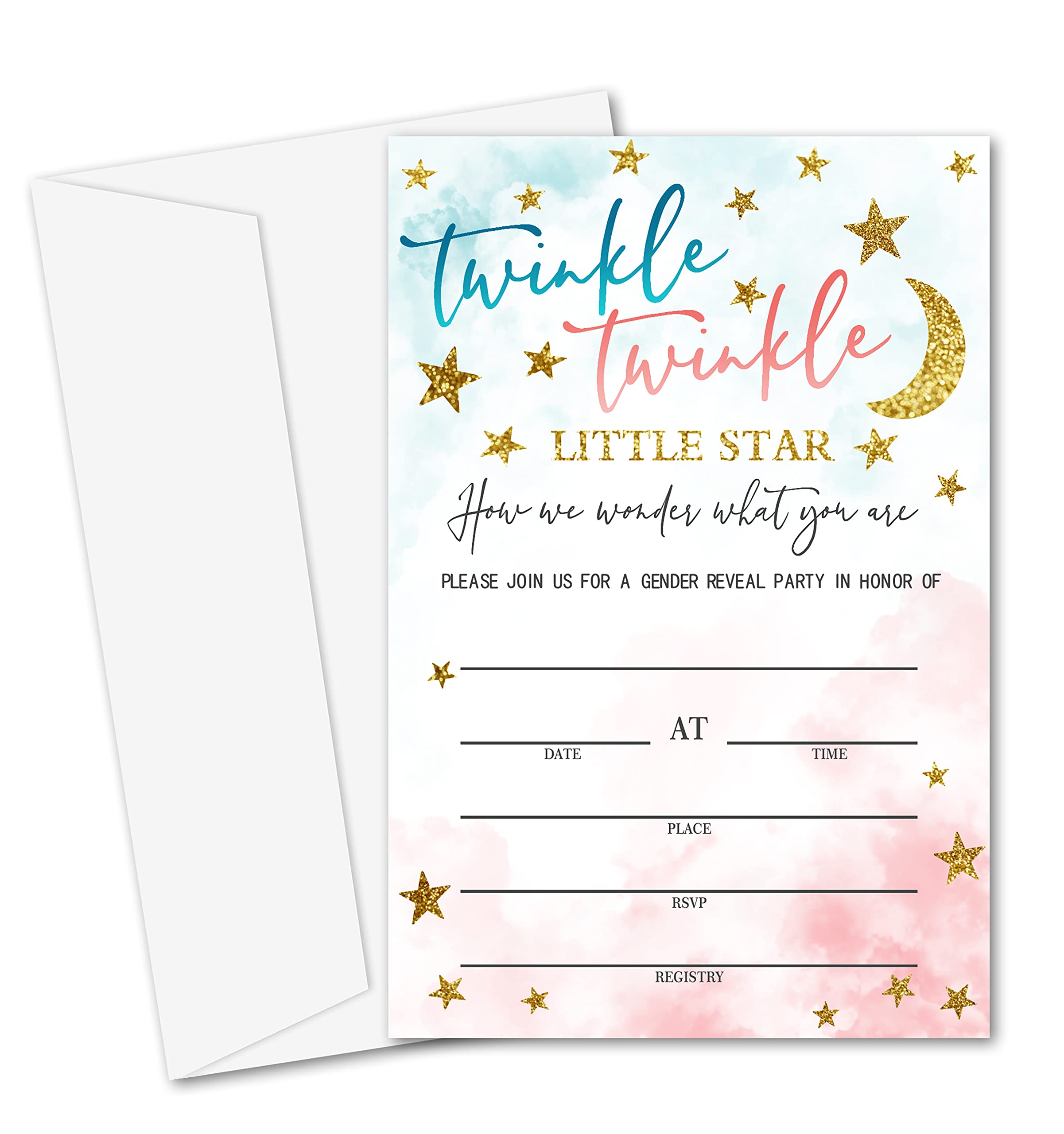 Yuansail Baby Shower Invitation Cards - Twinkle Twinkle Fill-in Invites with 25 Cards & Envelopes (BB010-Yaoqing) | Perfect for Gender Reveal, Newborn Welcome & First Birthday Parties