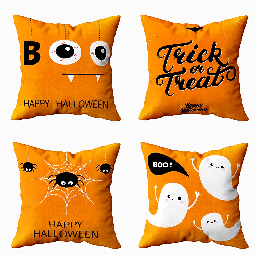 TOMWISH Halloween Pillow Covers Set of 4 - 20x20 Inch Orange Vintage Throw Pillow Cases with Spider, Ghost & Boo Designs for Trick or Treat Decor - Perfect for Living Room, Bedroom, or Halloween Party Decorations