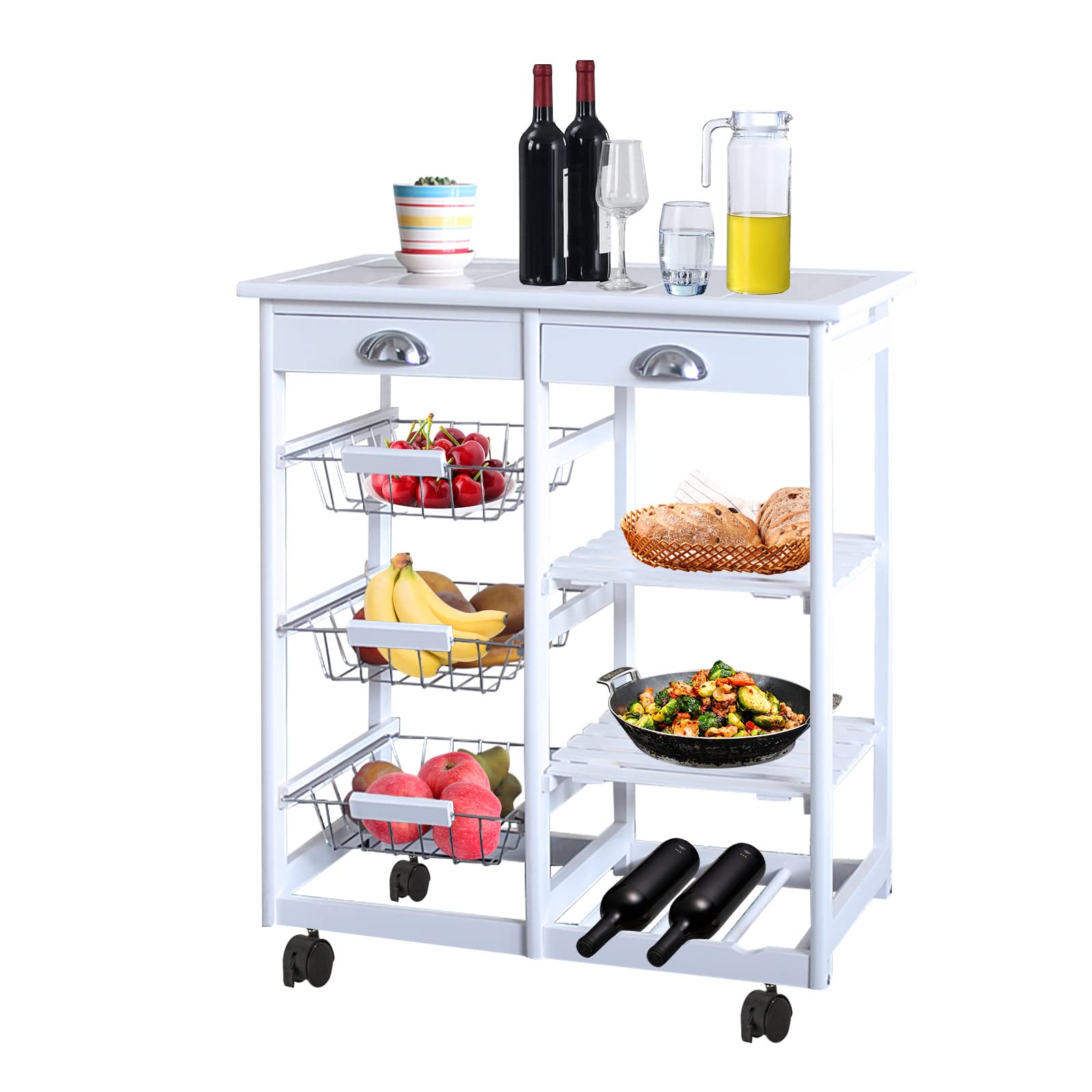 White Kitchen Island Cart with Wheels & Storage - Rolling Kitchen Cart with Baskets & Drawer for Small Spaces, Apartment Cooking, and Extra Counter Space