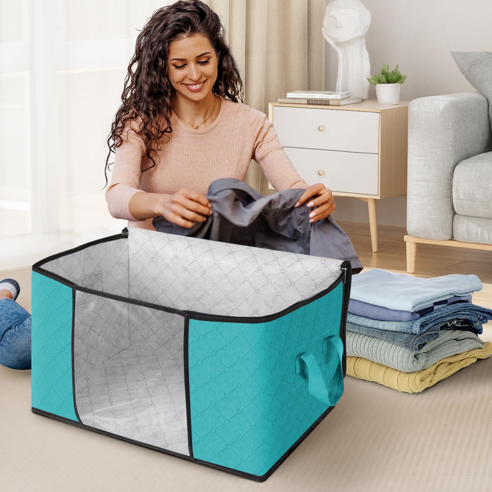 6-Pack Foldable Thick Fabric Storage Bags with Handles - Organize Clothes, Blankets, Comforters | Perfect for Bedroom, Closet & Home Organization (Green)