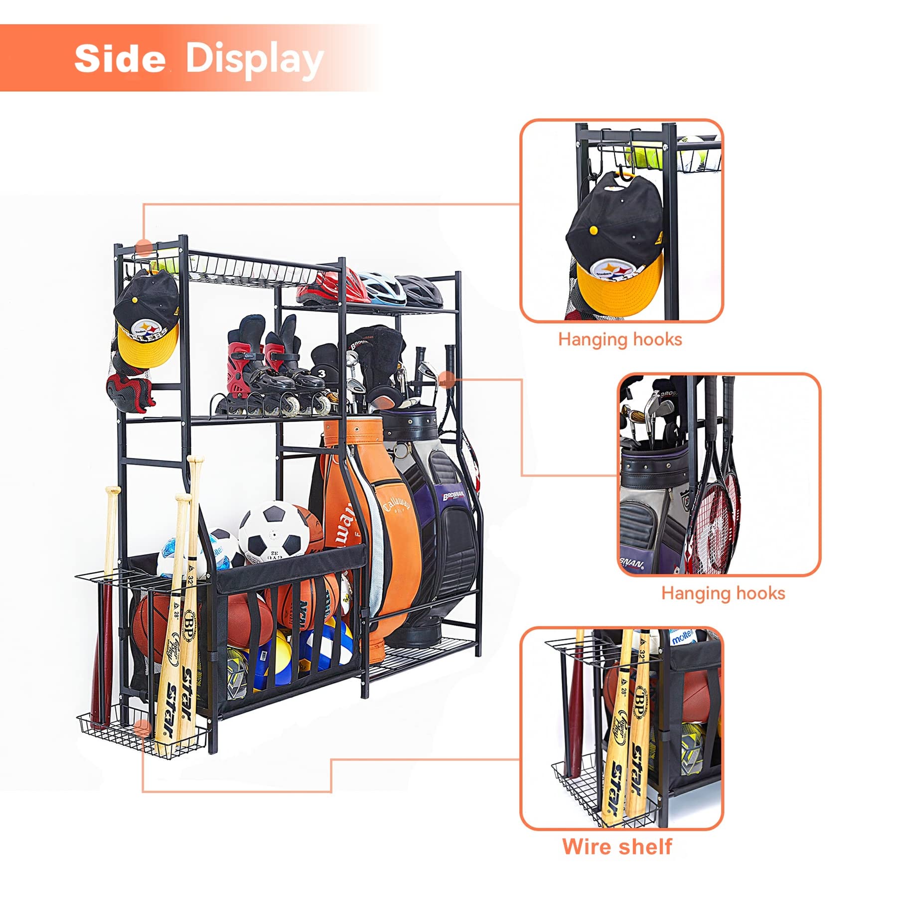 Garage Sports Equipment Organizer & Golf Bag Stand - Heavy Duty Ball Storage Rack for Indoor/Outdoor Use - Kids Toys Storage Bins with Baskets - Perfect for Garage, Basement, Backyard & Playroom Organization