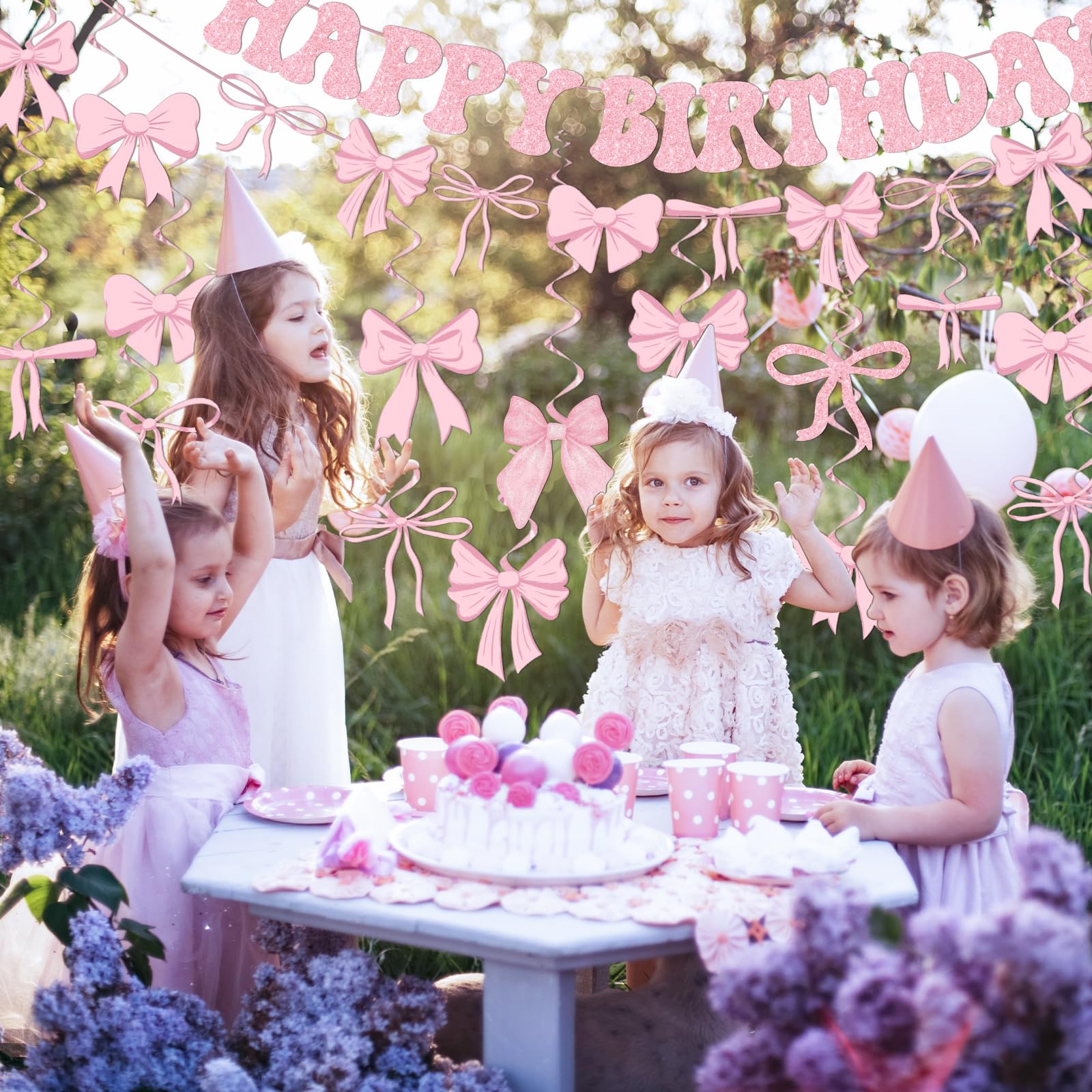 Pink Bow Birthday Party Decorations Set - Includes Happy Birthday Banner & Garland Hanging Swirls - Perfect for Girls Birthday, Baby Shower & Bridal Showers - Elegant Coquette Theme Party Supplies for Wall & Ceiling Decor