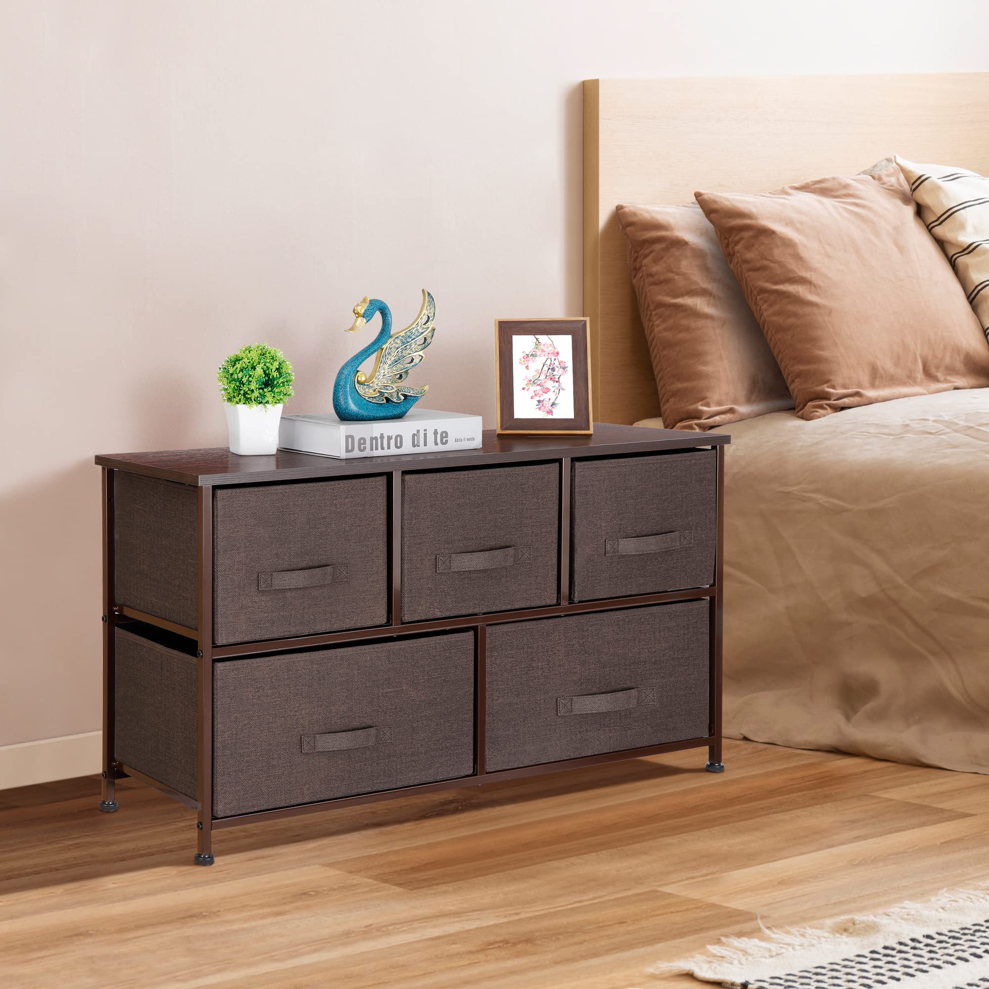 5-Drawer Fabric Dresser Storage Organizer - Sturdy Steel Frame & Wooden Top Closet Organizer for Bedroom, Living Room, Nursery - Deep Basket for Clothes, Toys & Home Organization (Brown)