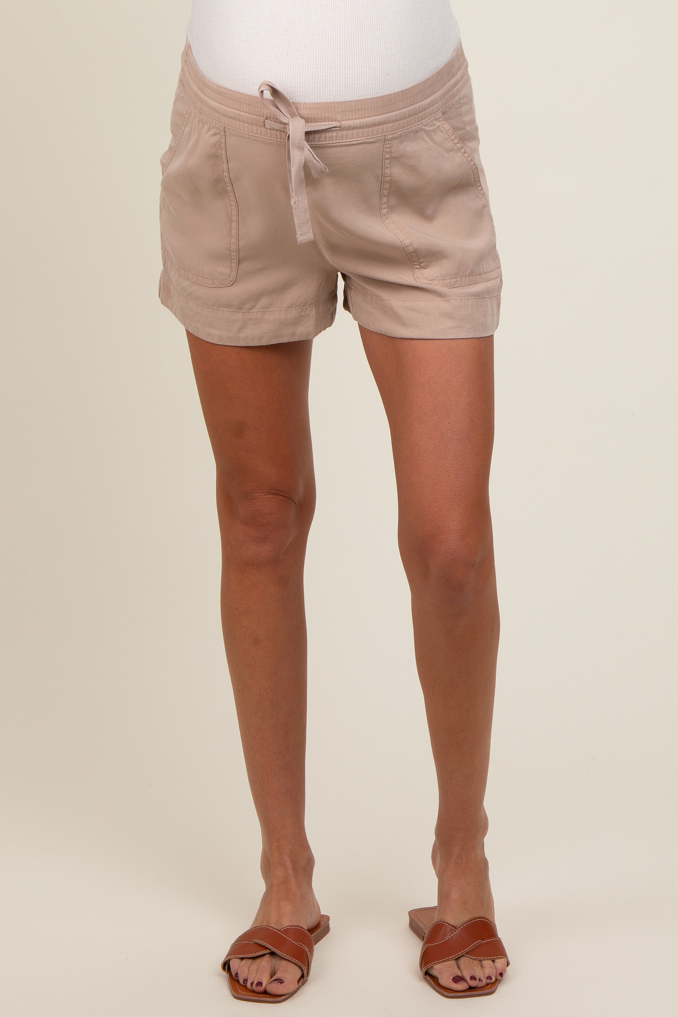 Beige Maternity Shorts with Drawstring Waist & Side Pockets - Comfortable Pregnancy Clothes for Summer, Lounge & Outdoor Activities