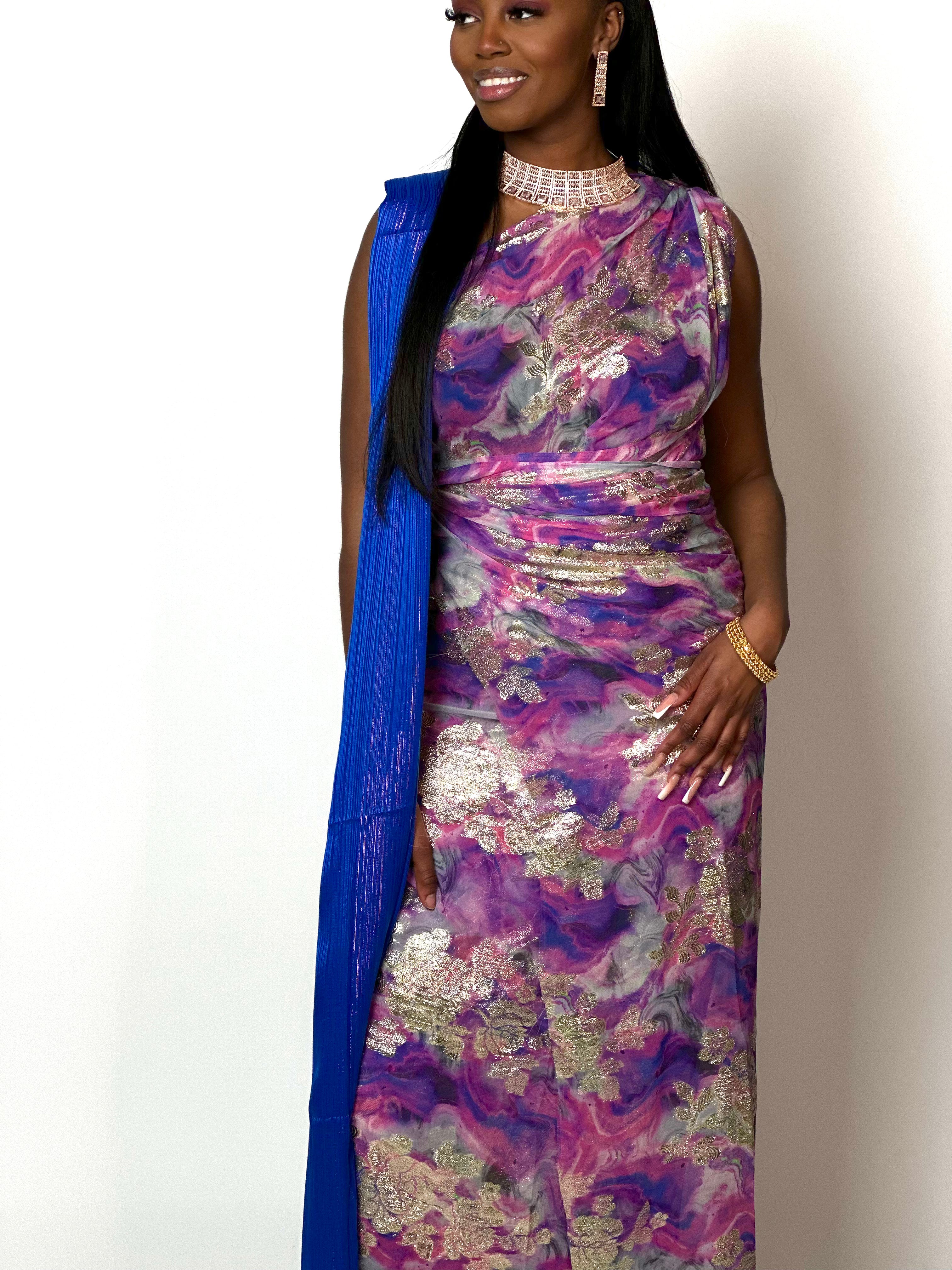 Elegant Purple and Pink Somali Dirac with Royal Blue Accents - Traditional African Scarf for Women, Perfect for Weddings, Parties, and Cultural Events