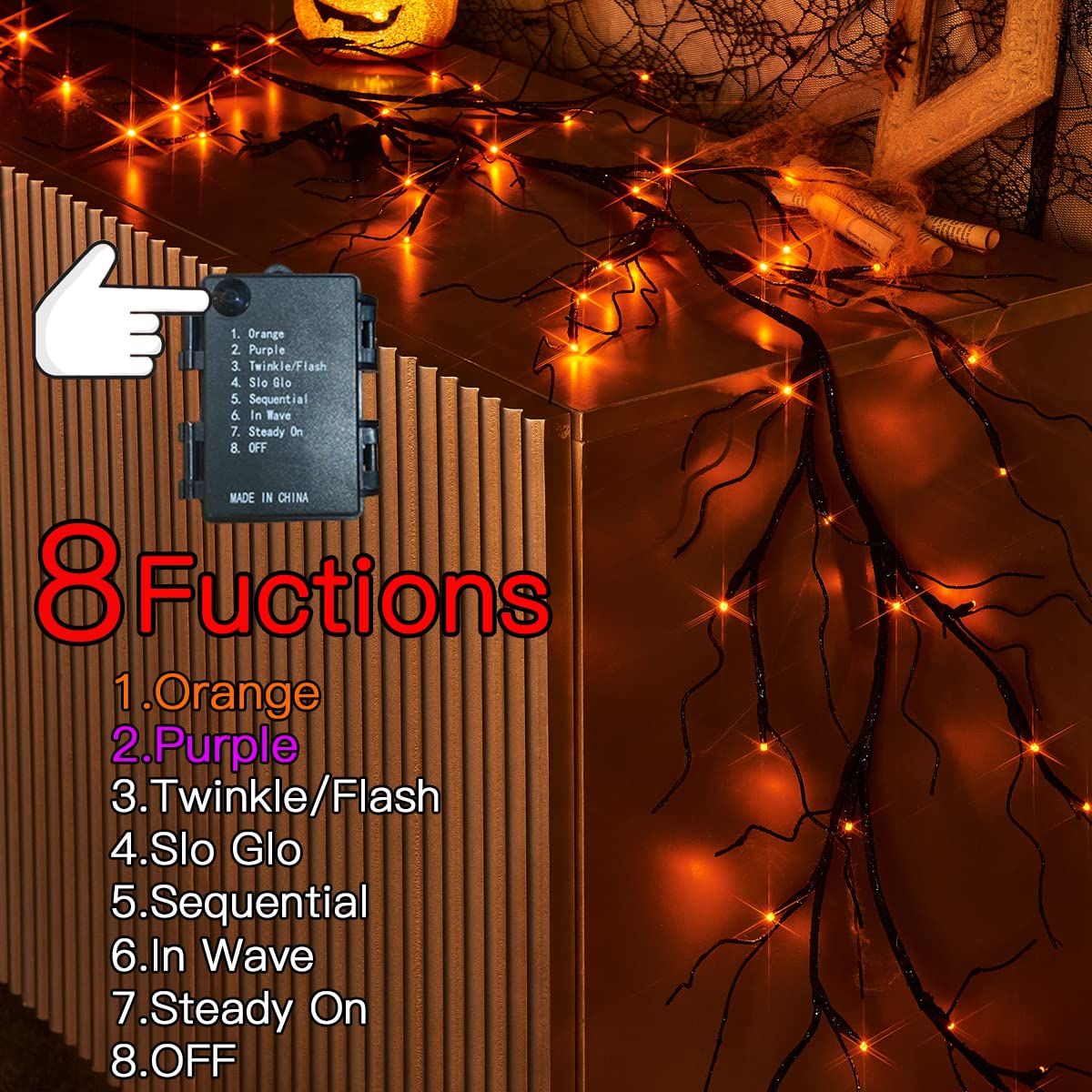 Fudios 6FT Halloween Garland with 48 Orange & Purple LED Lights - Battery Operated Glitter Black Decor for Mantle, Wall, Party (8 Lighting Modes) | Perfect for Halloween Home Decoration, Spooky Porch Display & Themed Party Backdrop