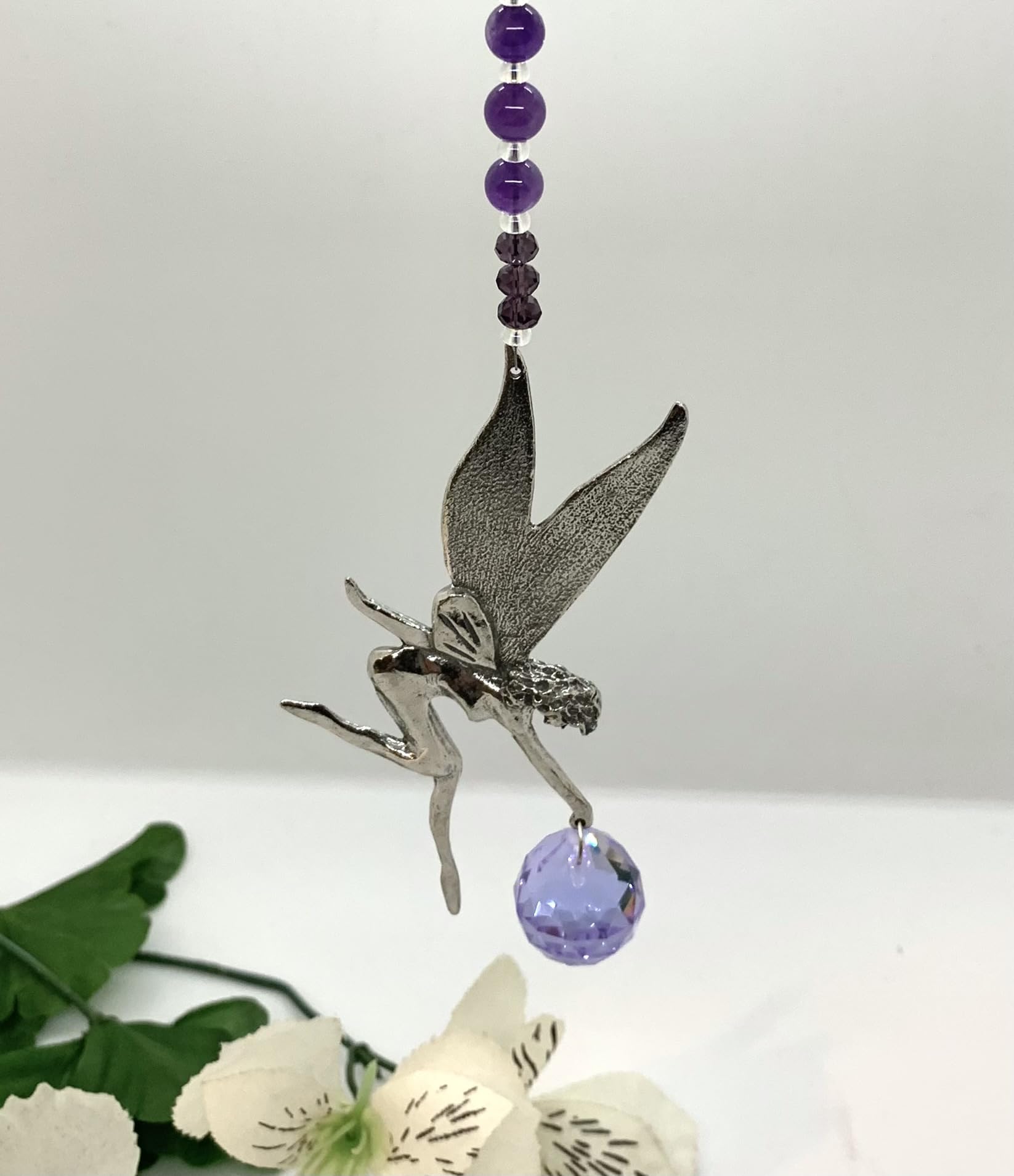 Amethyst Gemstone Purple Crystal Car Charm - Pewter Fairy Rear View Mirror Sun Catcher, Silver Fairy Mirror Accessory with Purple Crystal Ball | Car Decor, Spiritual Protection, Gift for Drivers