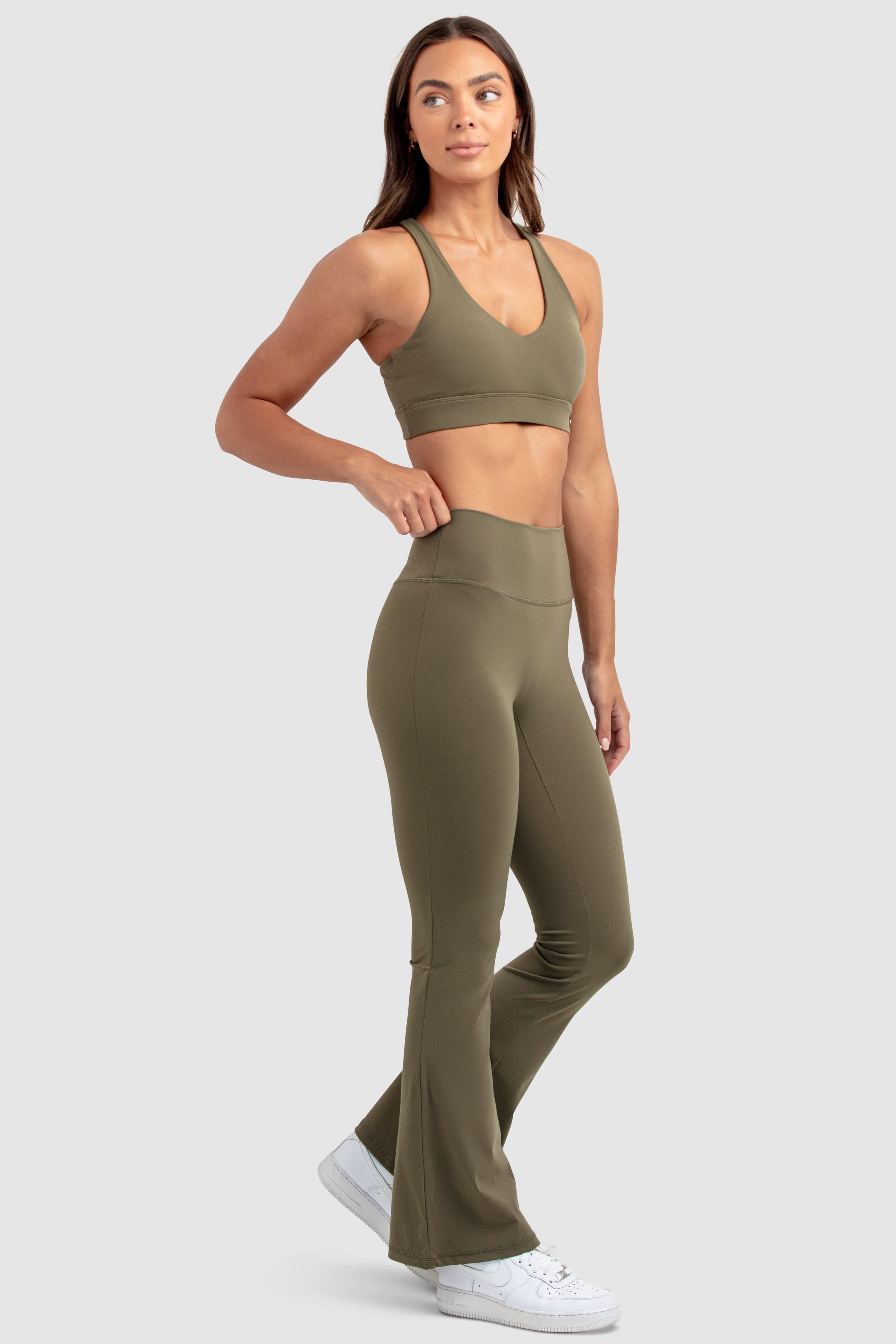 MotionSoft Flared Leggings for Women - High Waist Yoga Pants with Pockets, Deep Khaki - Perfect for Yoga, Running, Gym & Lounge Wear