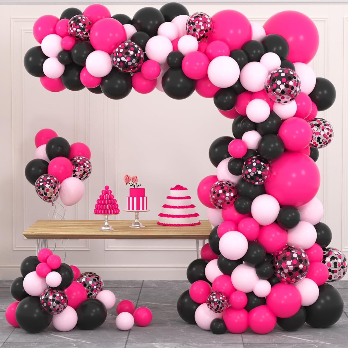 Hot Pink & Black Balloon Garland Arch Kit - Rose Red, Black, Pink Balloons for Birthday, Baby Shower, Bridal Shower, Wedding, Bachelorette & Graduation Party Decorations | Perfect for Photo Backdrops, Dessert Tables & Event Entrance Decor