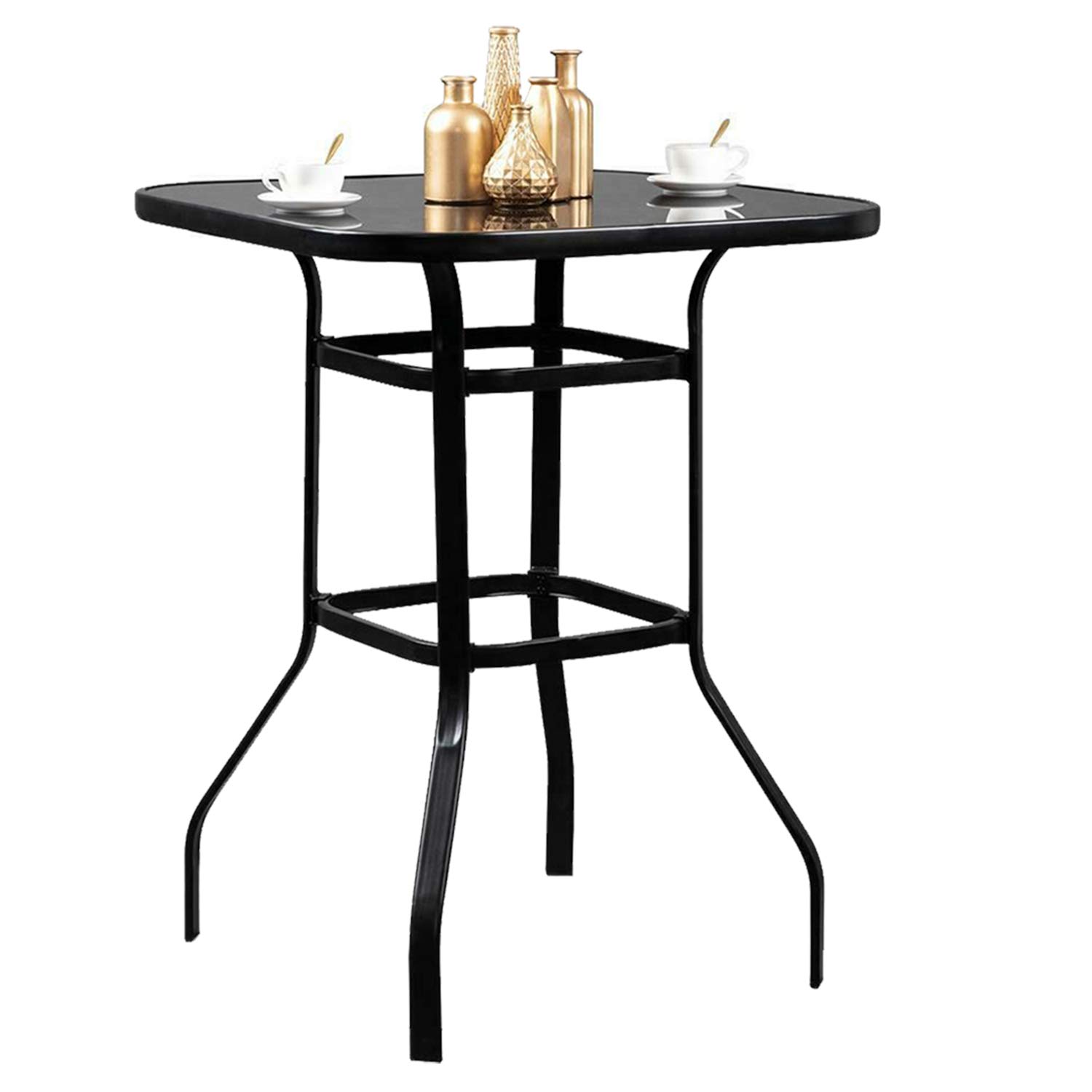 Outdoor Bistro Table - Black Metal Frame & Glass Top for Patio, Poolside, Balcony