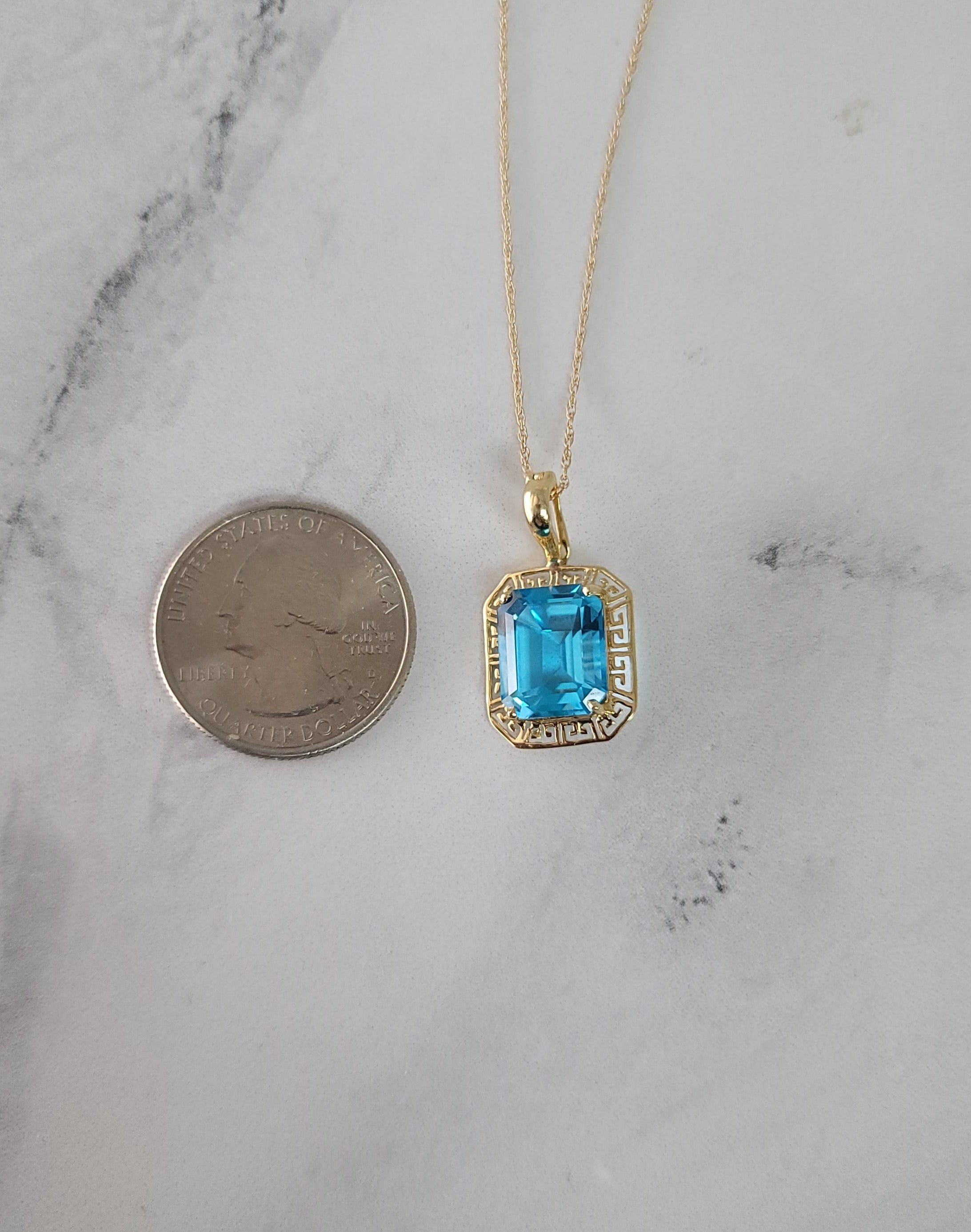 Blue Topaz Gold Greek Key Bezel Necklace - Elegant Jewelry for Women, Perfect Gift for Birthday, Anniversary & Special Occasions